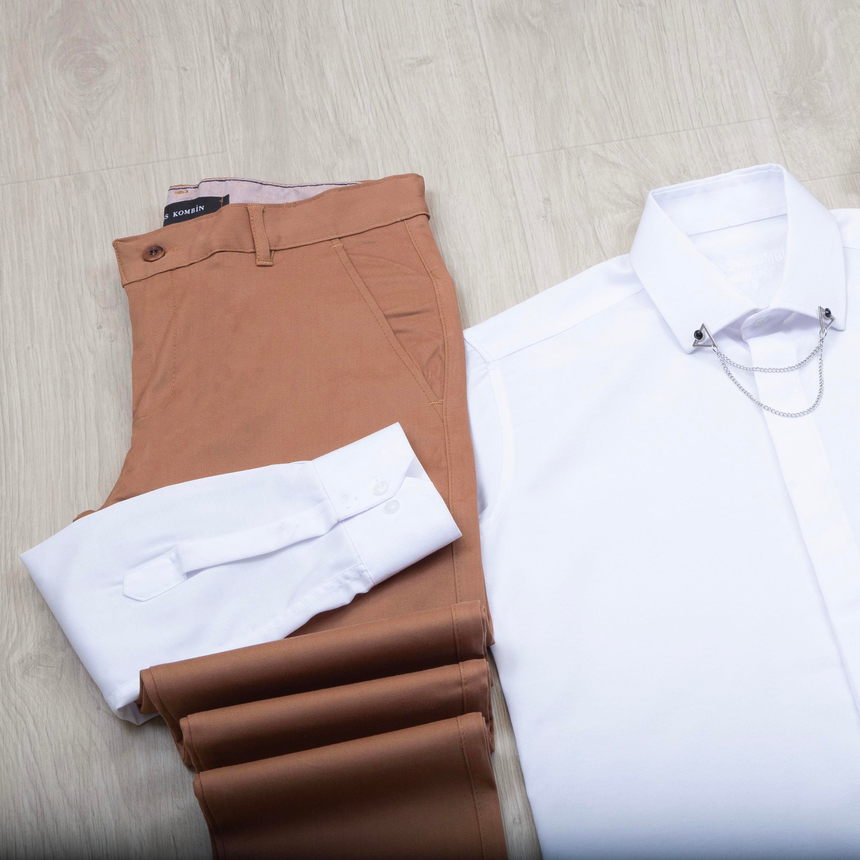 Beyaz Gömlek Taba Pantolon Kombin