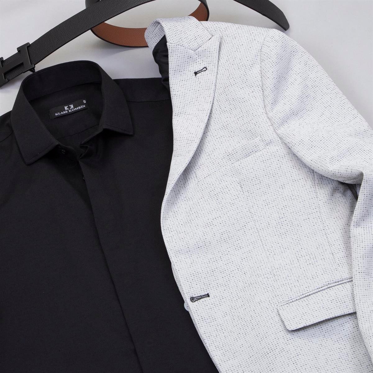 Beyaz Kırçıllı Blazer Ceket Gömlek Pantolon Ayakkabı Kombin