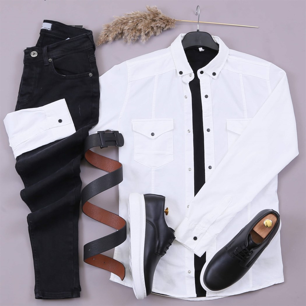 Beyaz Kot Gömlek Tisört Pantolon Bot Kombin