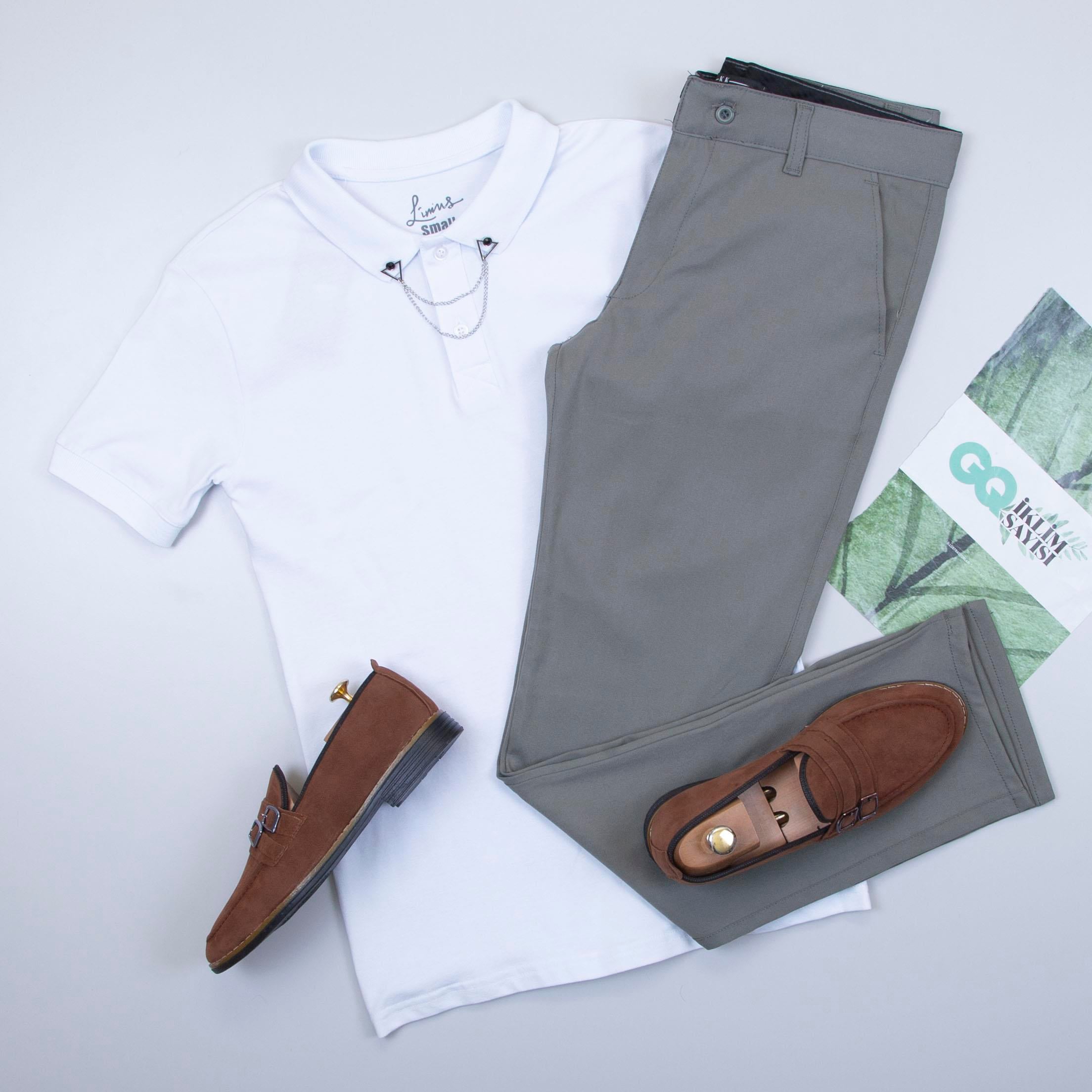 Beyaz Polo Yaka Tişört Pantolon Ayakkabı Kombin