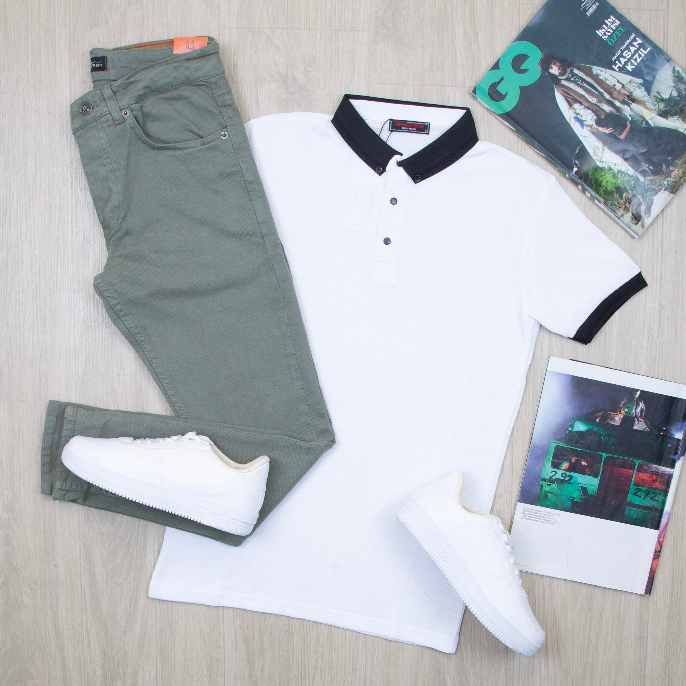 Beyaz Polo Yaka Tişört Pantolon Ayakkabı Kombin