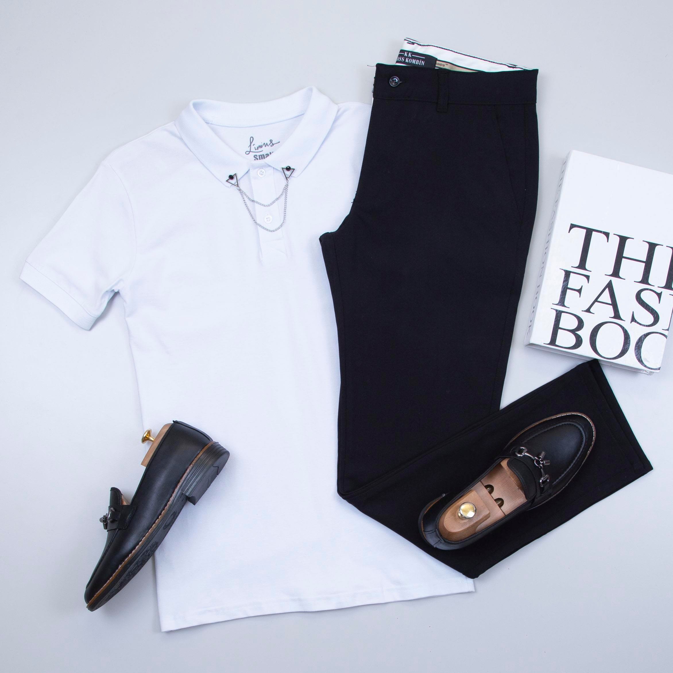 Beyaz Polo Yaka Tişört Pantolon Ayakkabı Kombin