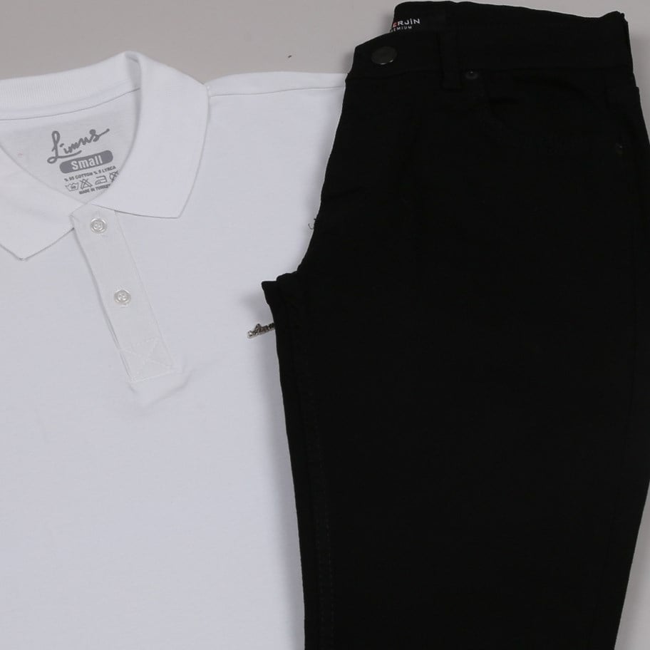 Beyaz Polo Yaka Tişört Siyah Kot  pantolon  ayakkabı Kombin