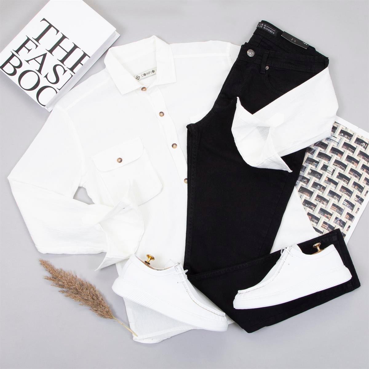 Beyaz Spor Gömlek Pantolon Ayakkabı Kombin