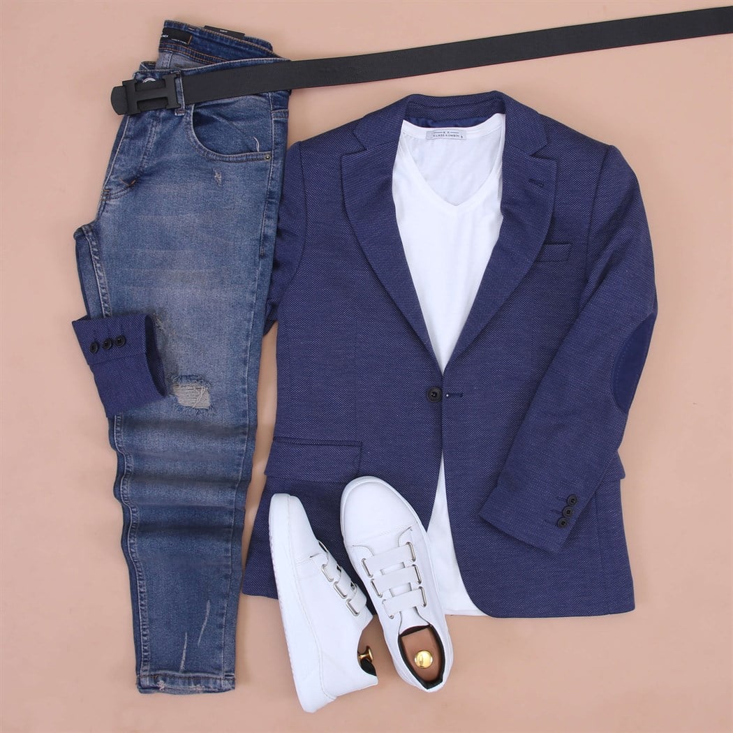 Beyaz T-Shirt Kot Pantolon Dik Yaka Ceket Spor Ayakkabı Koımbini 