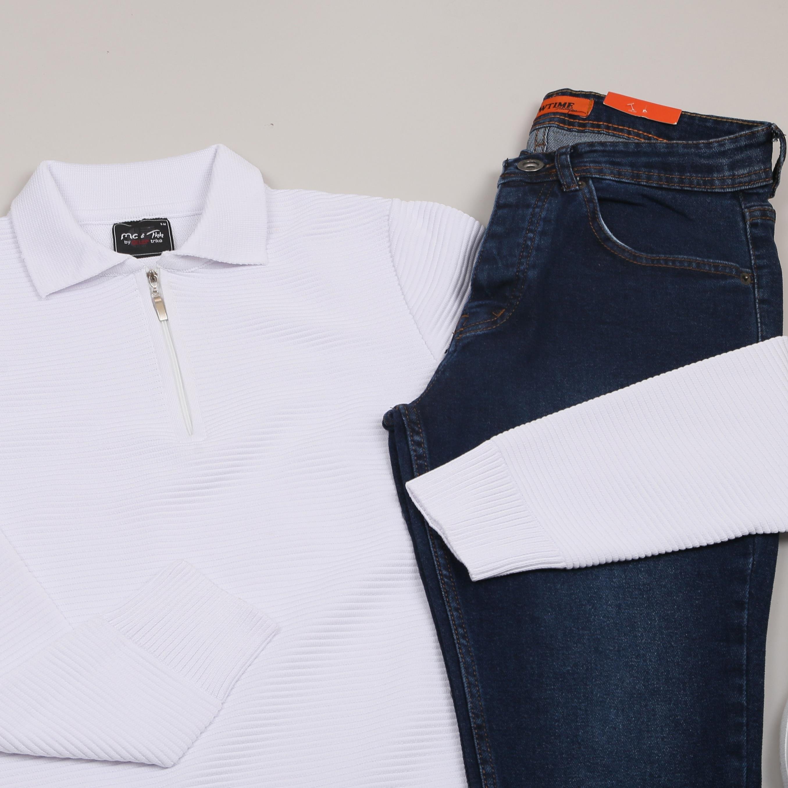 beyaz triko polo yaka kombini