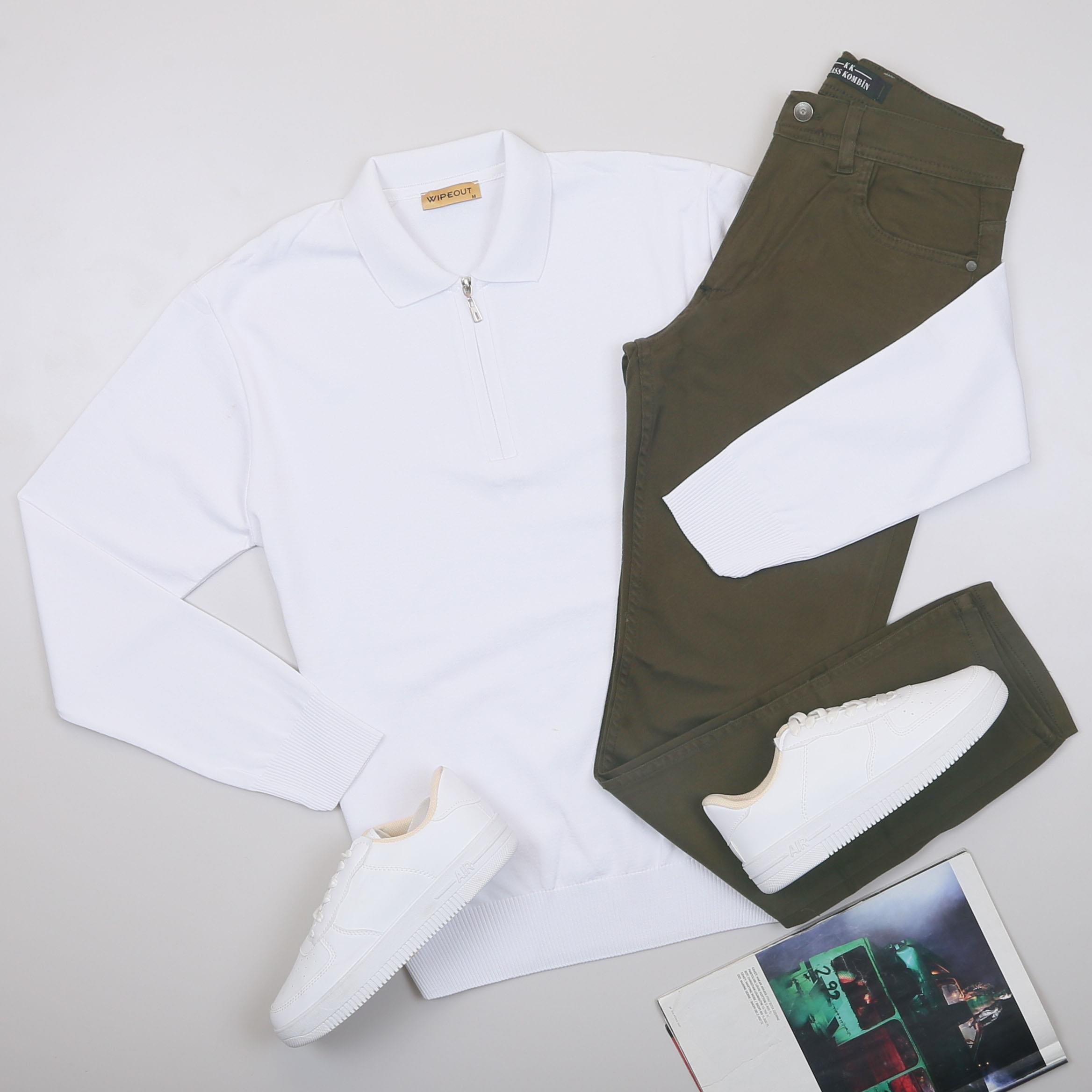 Beyaz Triko Polo Yaka Pantolon Ayakkabı Kombin