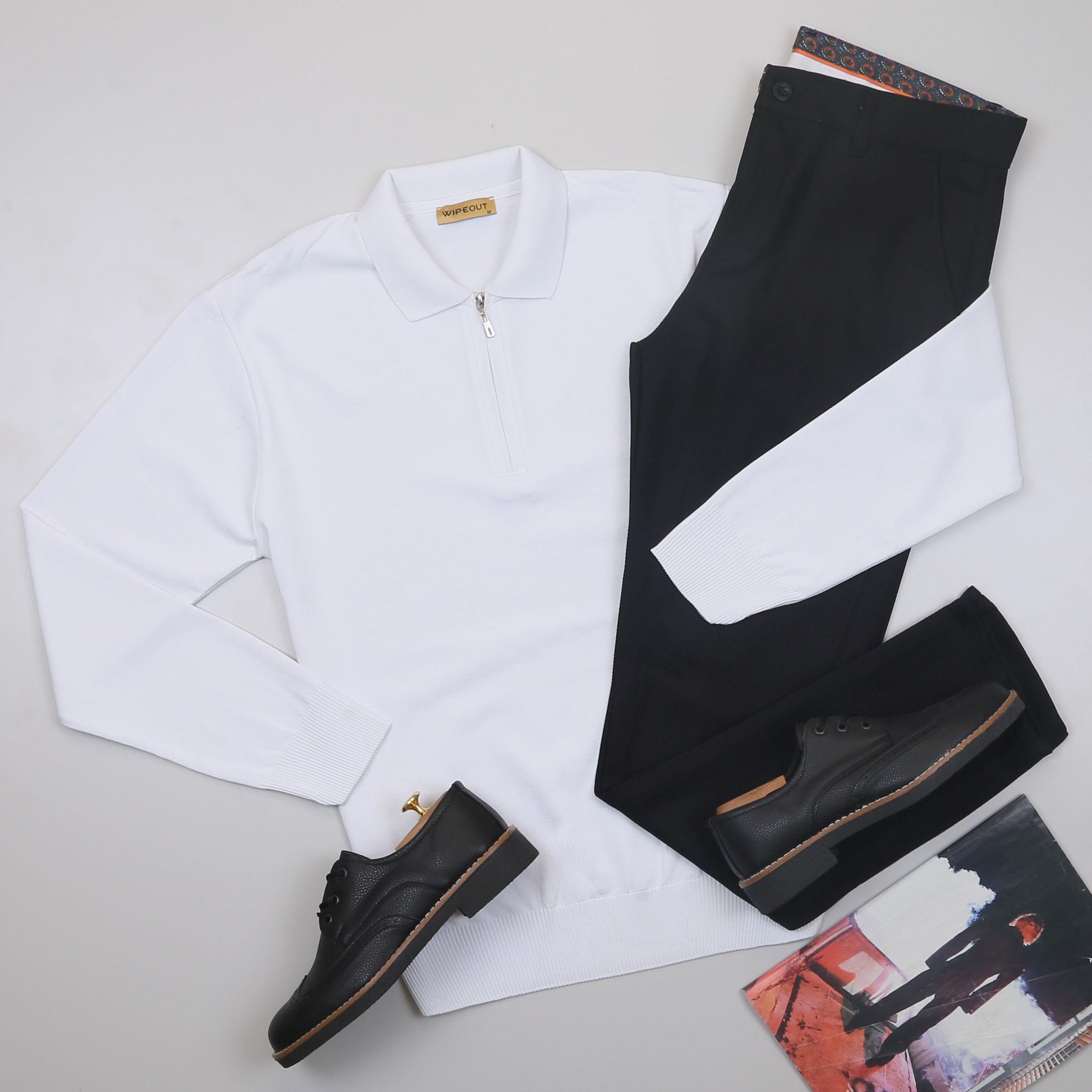 Beyaz Triko Polo Yaka Pantolon Ayakkabı Kombin