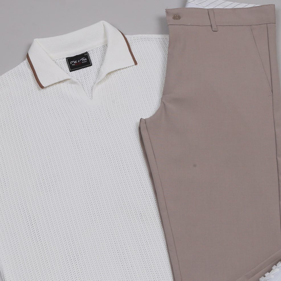 beyaz Triko Polo Yaka Tişört bej kumaş  pantolon  ayakkabı Kombin