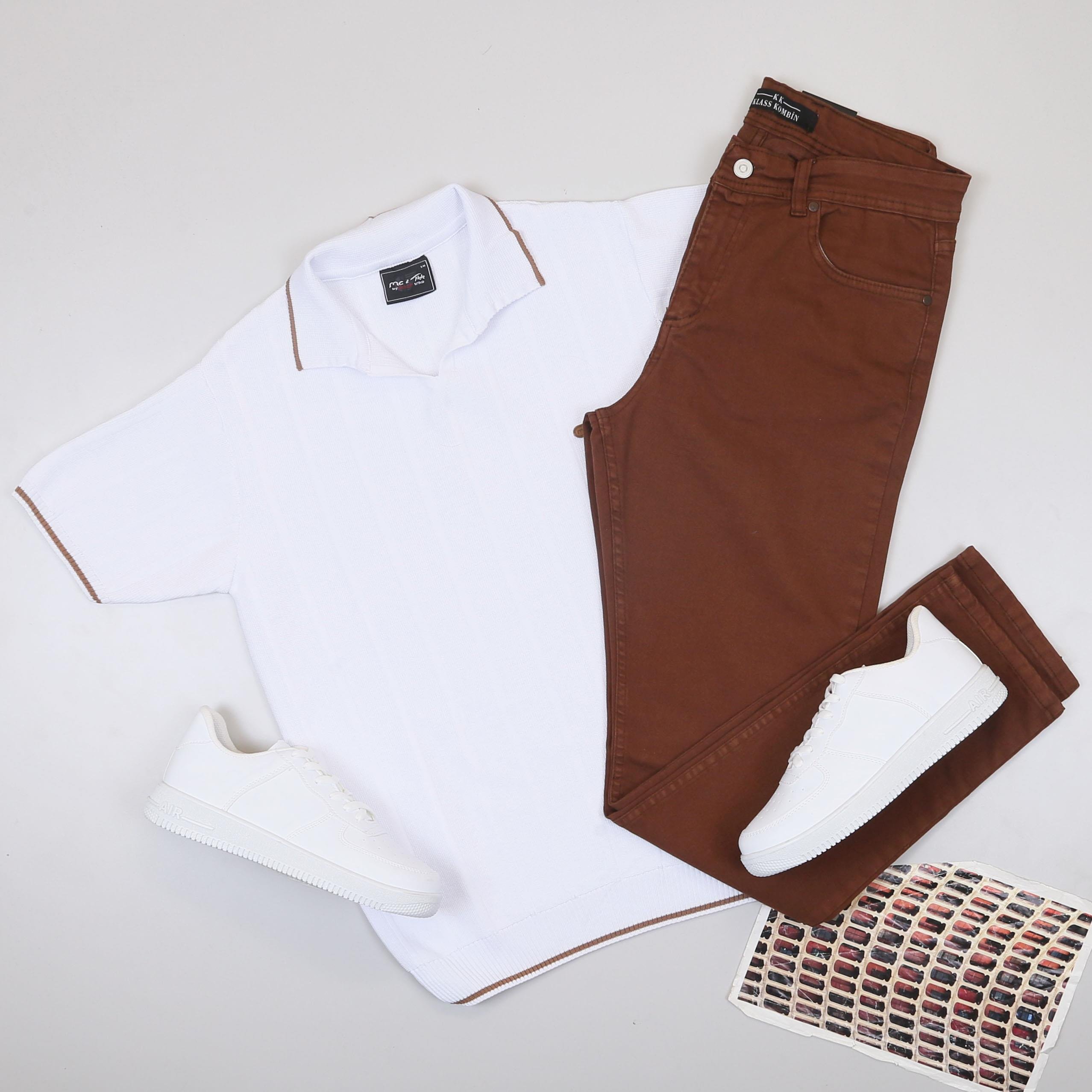 Beyaz Triko Polo Yaka Tişört Pantolon Ayakkabı Kombin