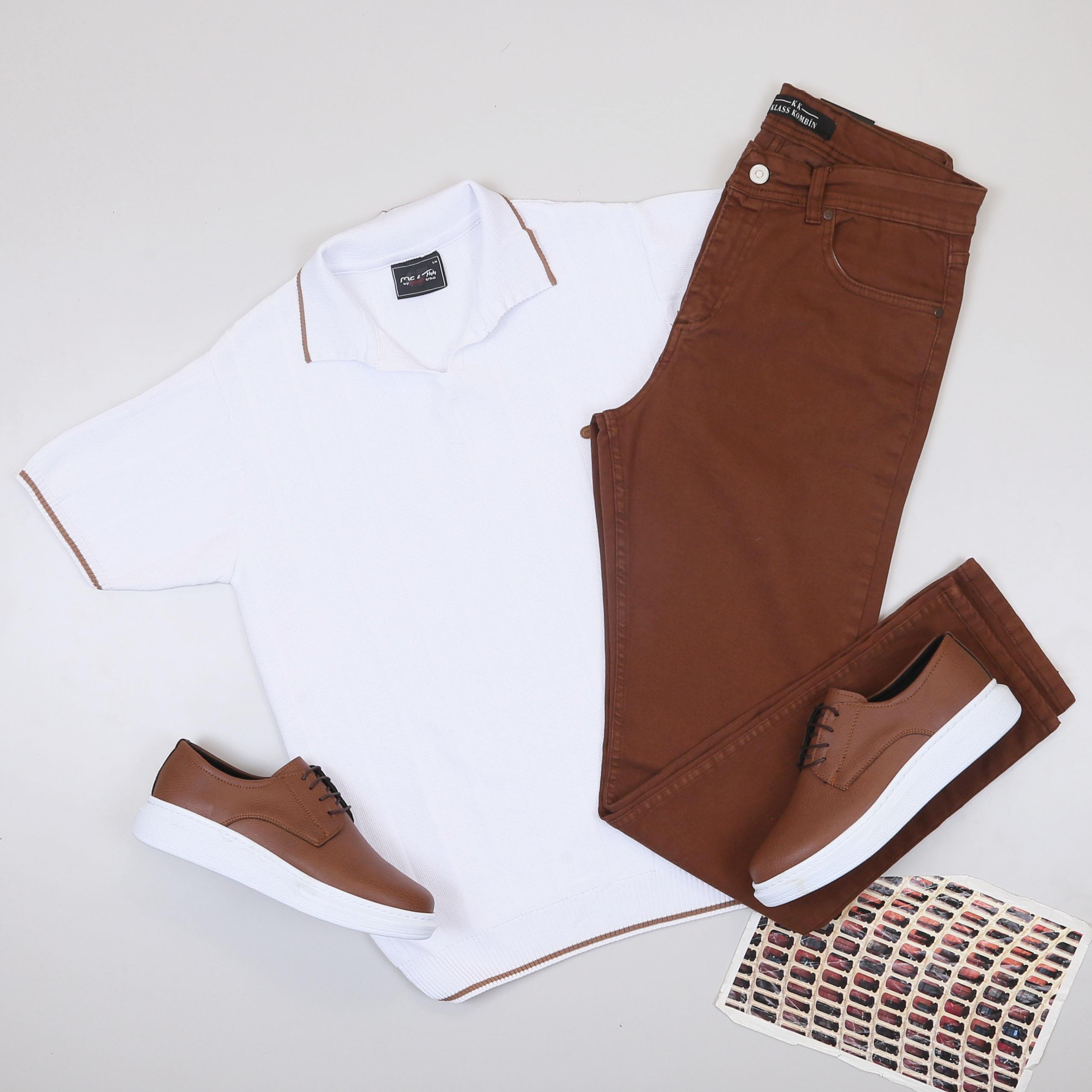Beyaz Triko Polo Yaka Tişört Pantolon Ayakkabı Kombin