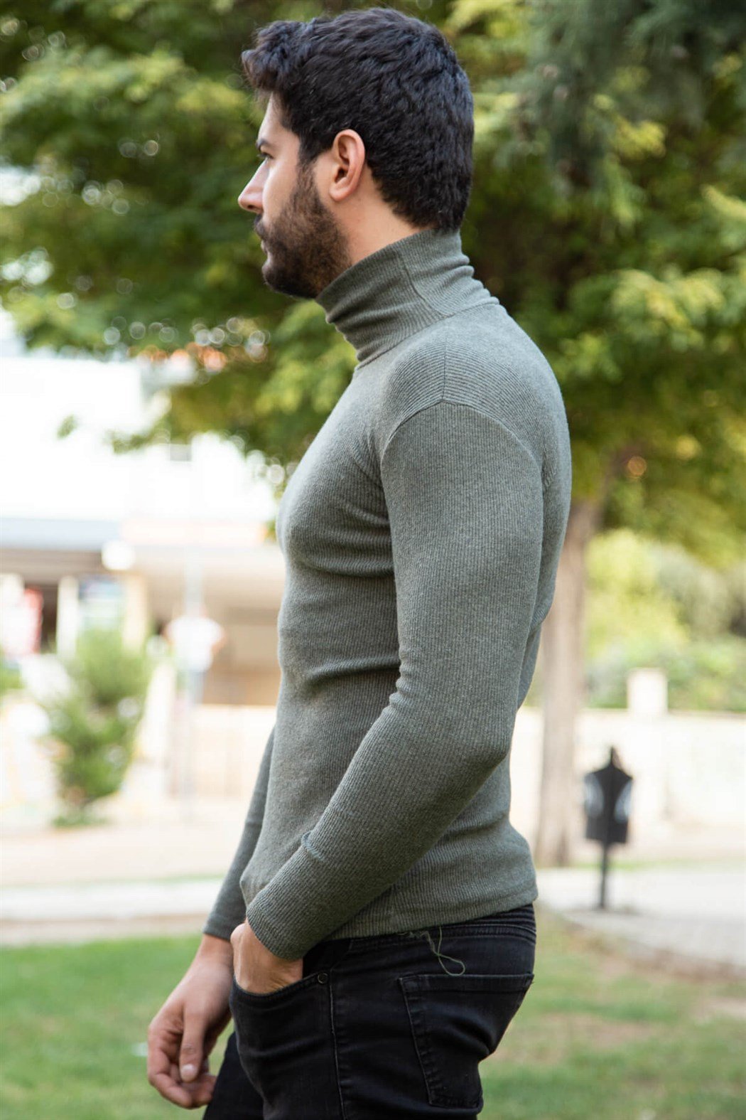 Boğazlı haki yeşili badi kazak