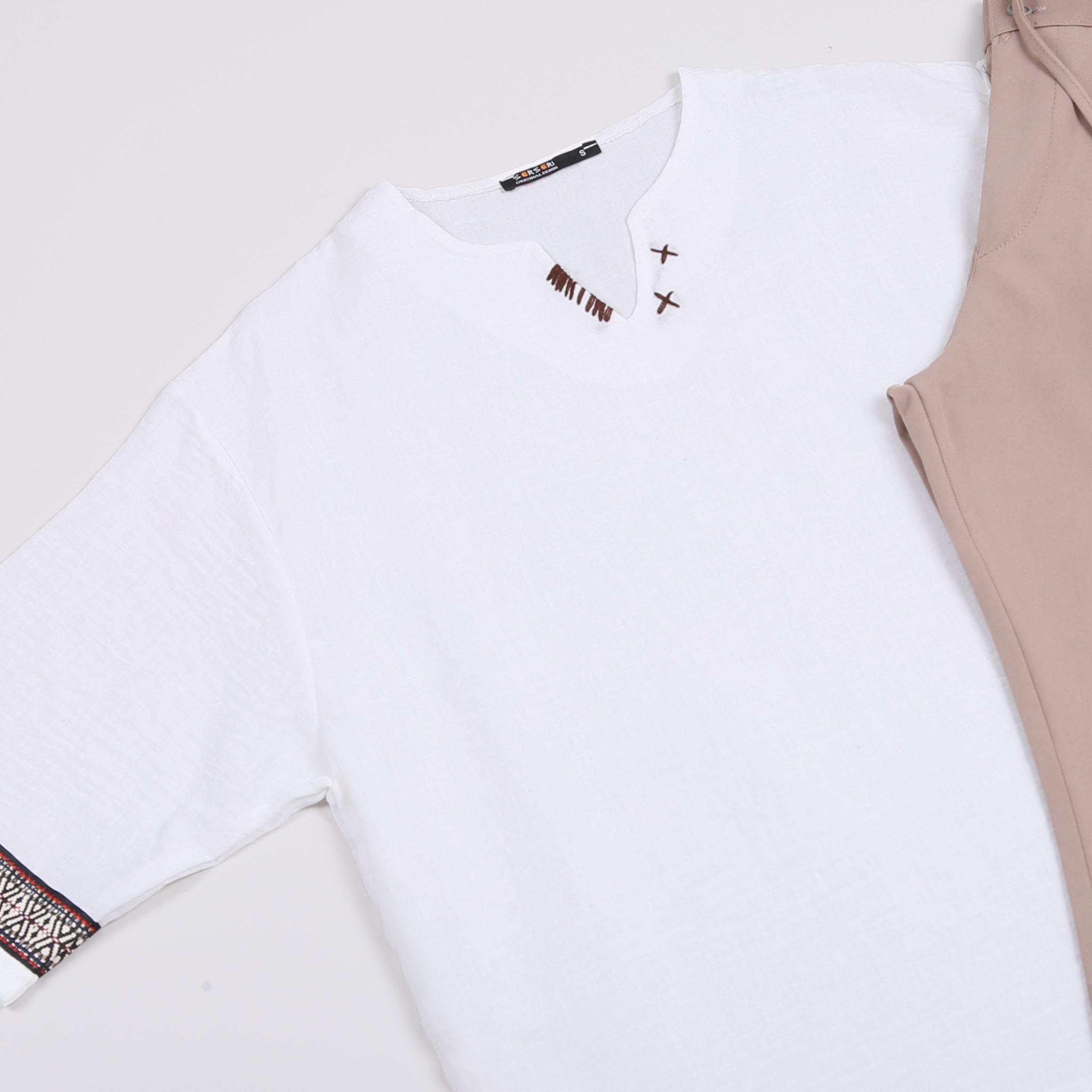 Bohem Beyaz Oversize Desenli Fakir Kol Tişört Keten Pantolon Ayakkabı Kombin