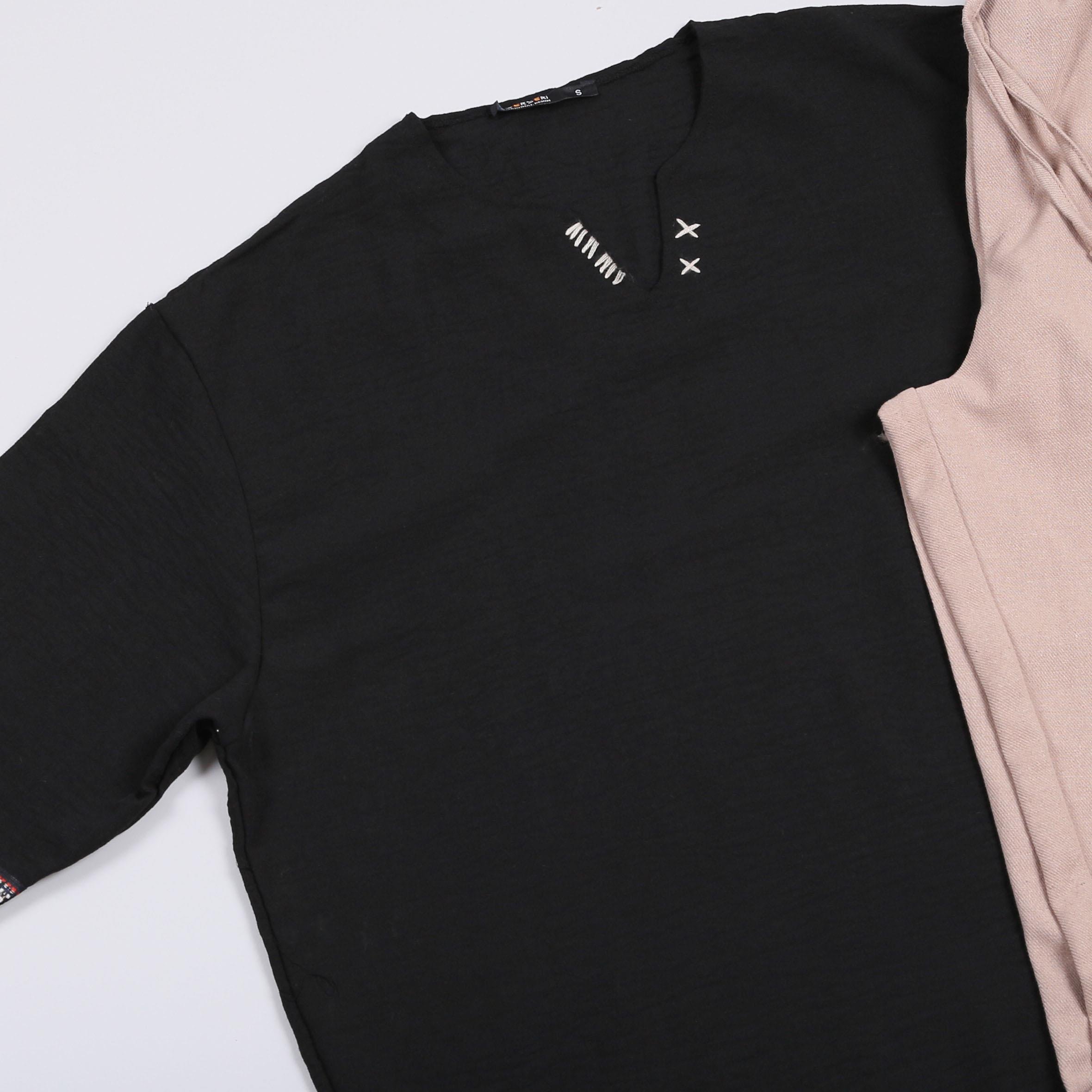 Bohem Siyah Oversize Desenli Fakir Kol Tişört Keten Pantolon Ayakkabı Kombin