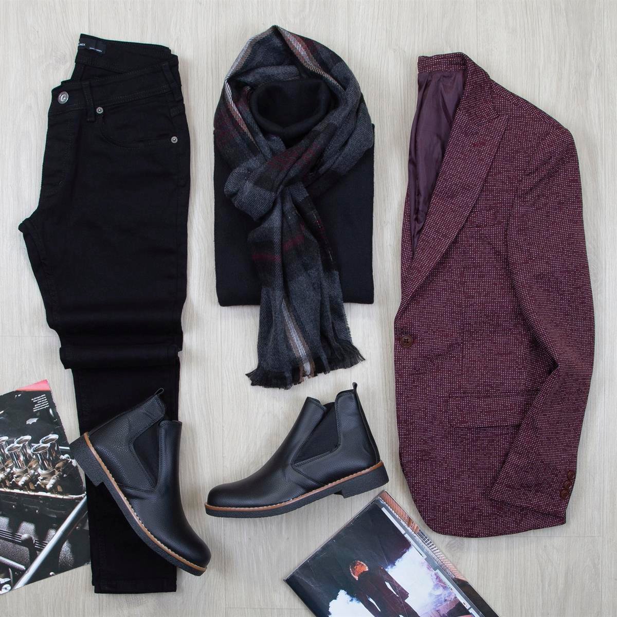 Bordo Blazer Ceket Boğazlı Body Pantolon Bot Kombin