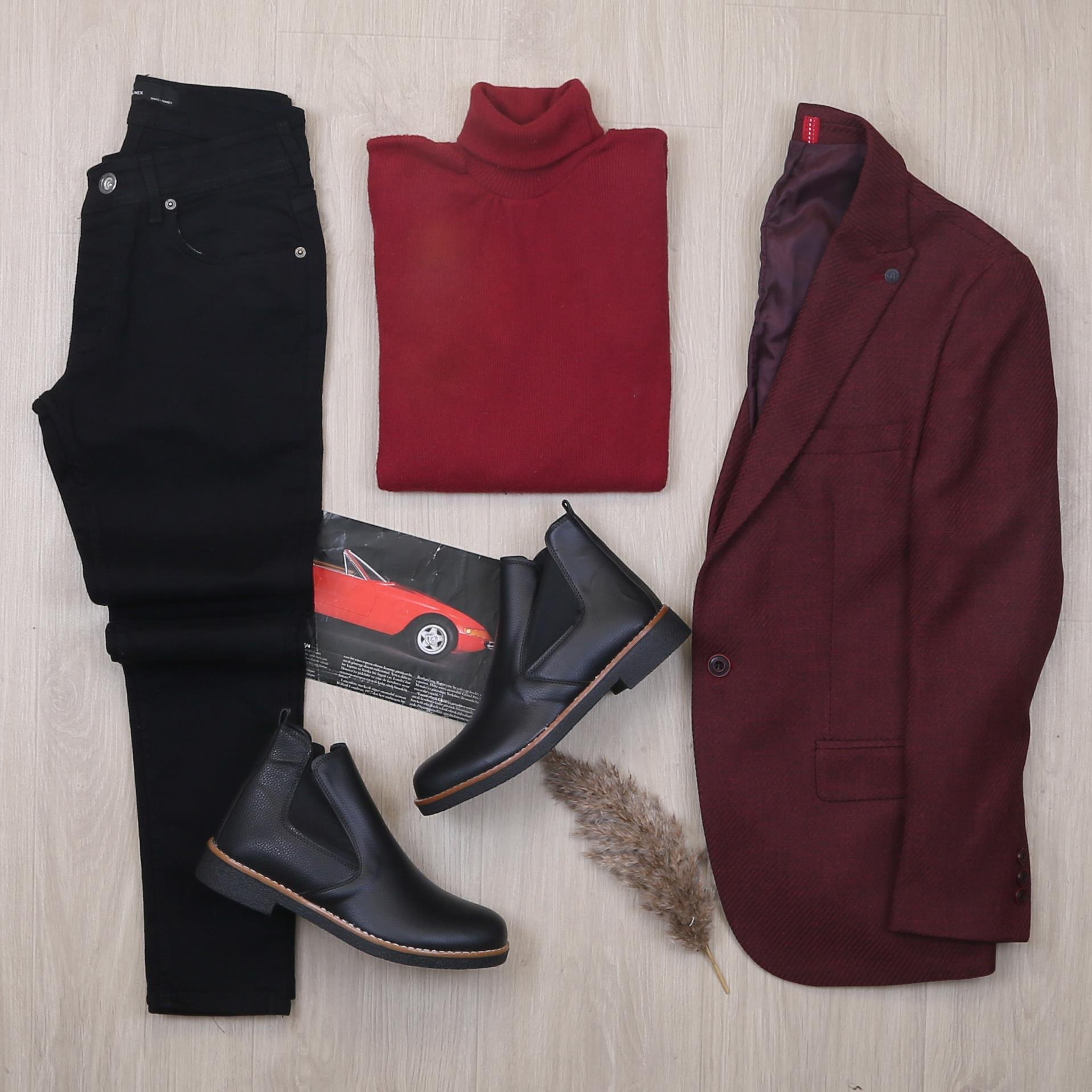 Bordo Blazer Ceket Boğazlı Body Pantolon Bot Kombin