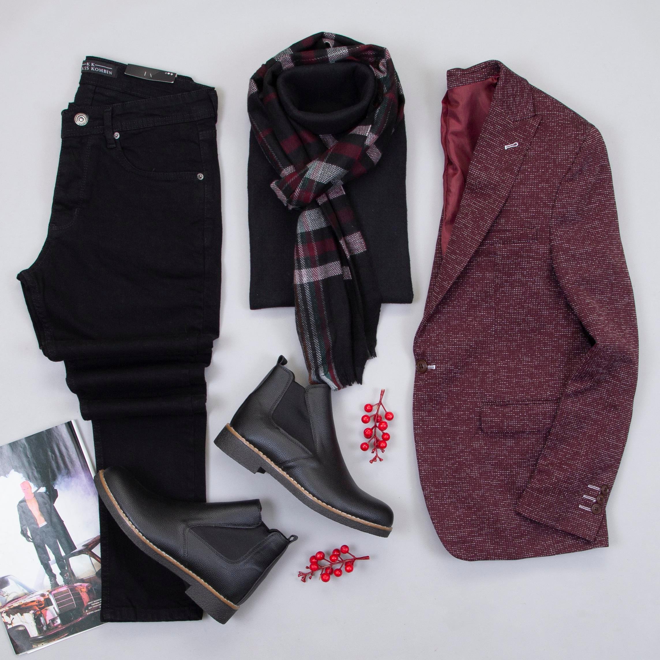 Bordo Blazer Ceket Boğazlı Body Pantolon Atkı Bot Kombin