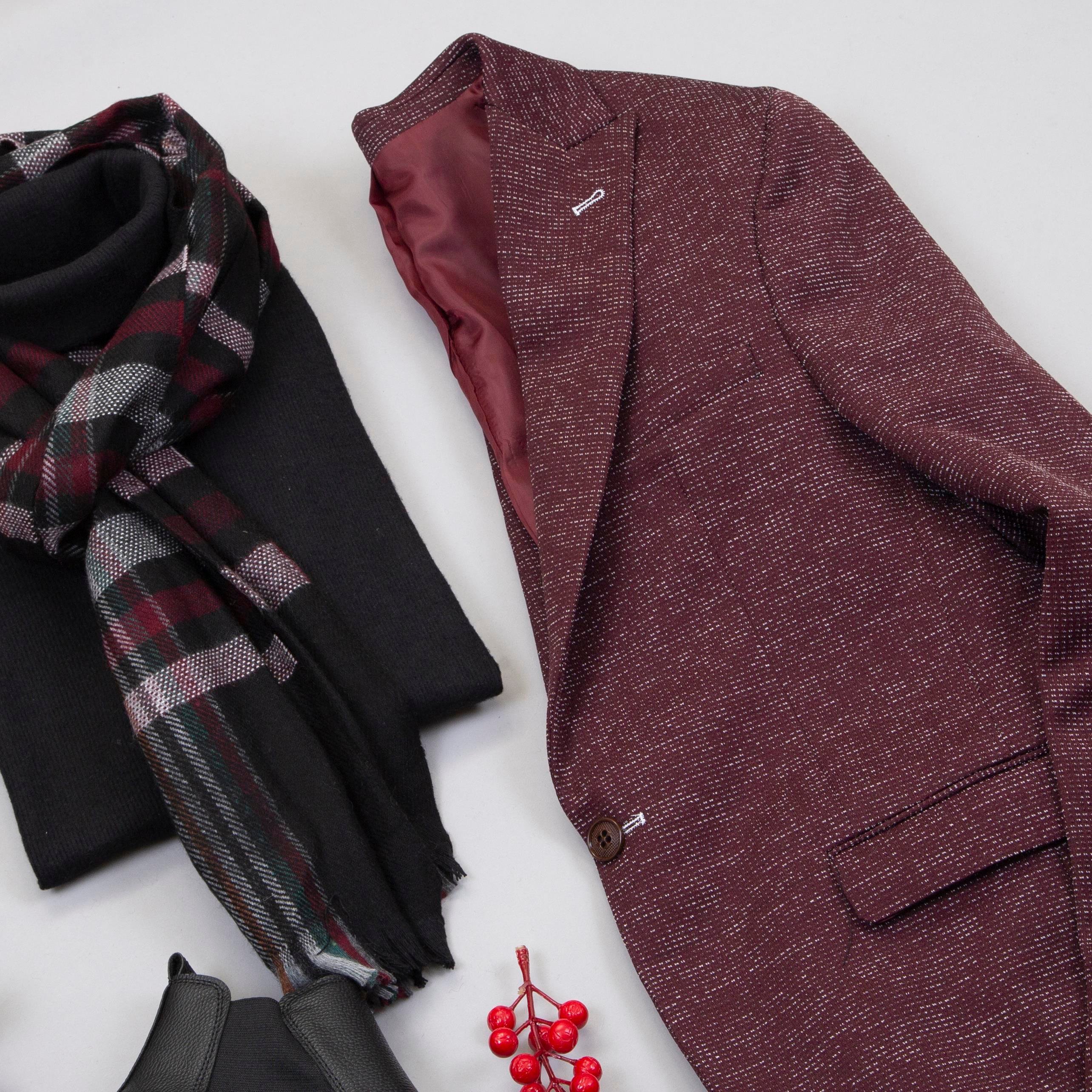 Bordo Blazer Ceket Boğazlı Body Pantolon Atkı Bot Kombin