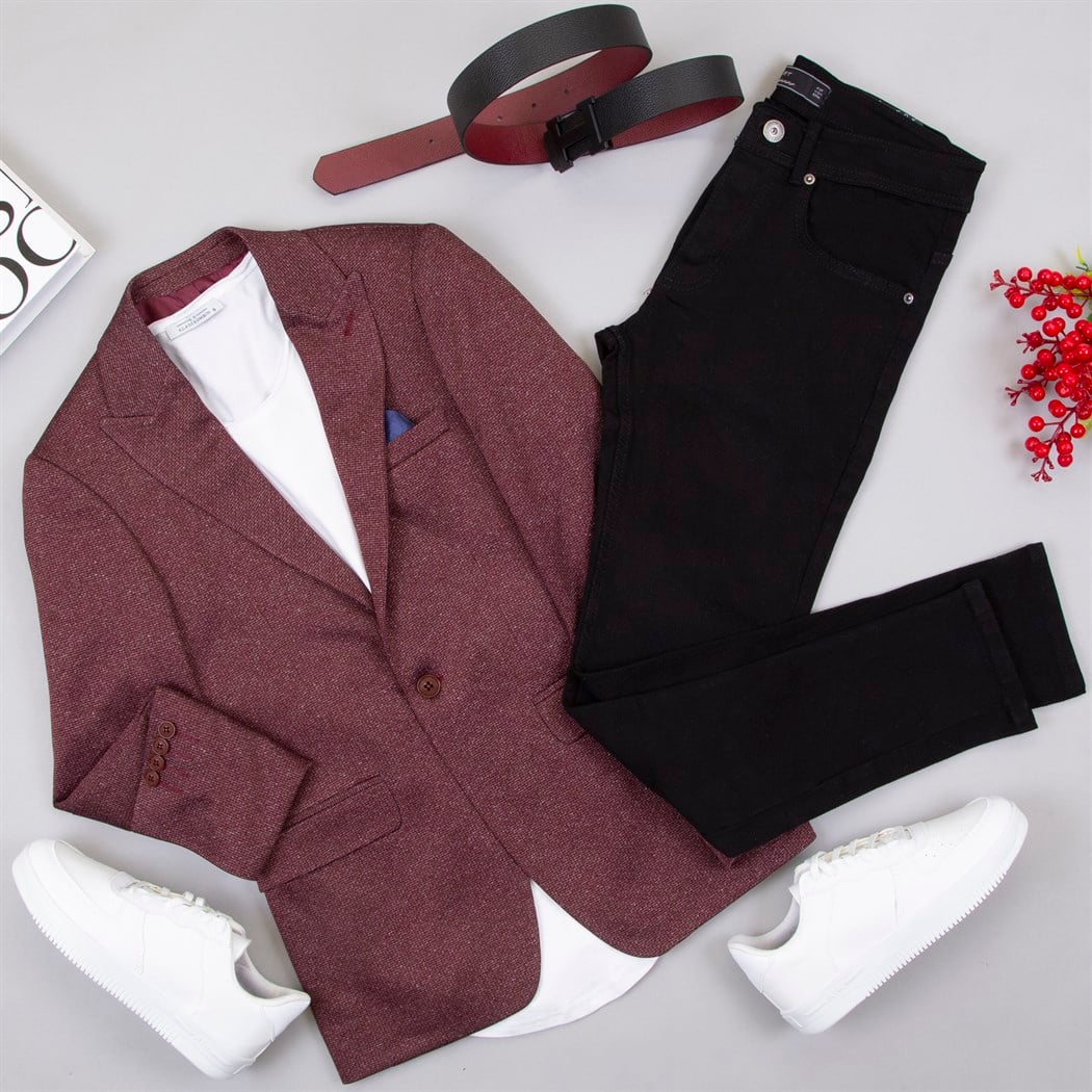 Bordo Blazer Ceket Tişört Pantolon Ayakkabı Kombin