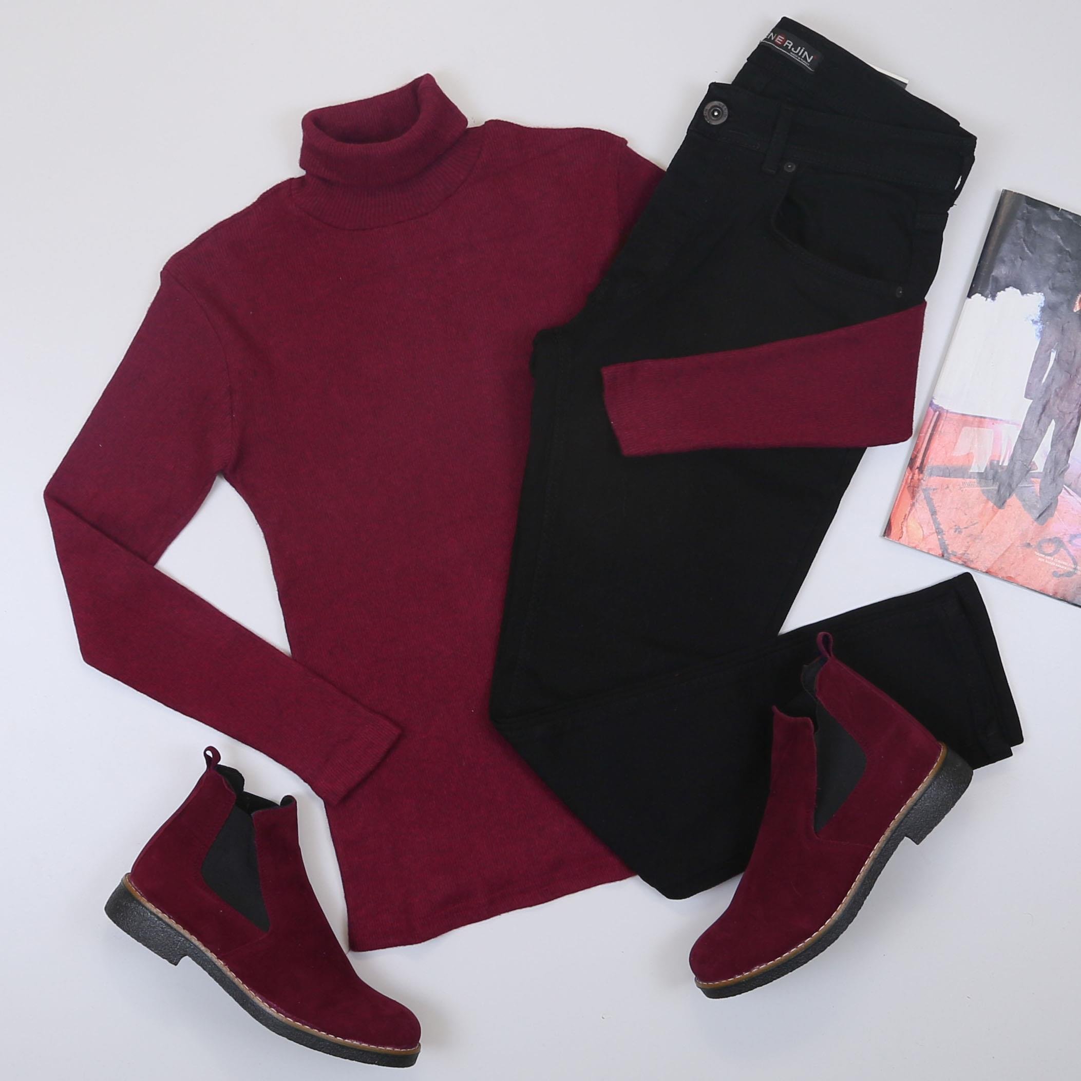 Bordo Boğazlı Body Pantolon Bot Kombin