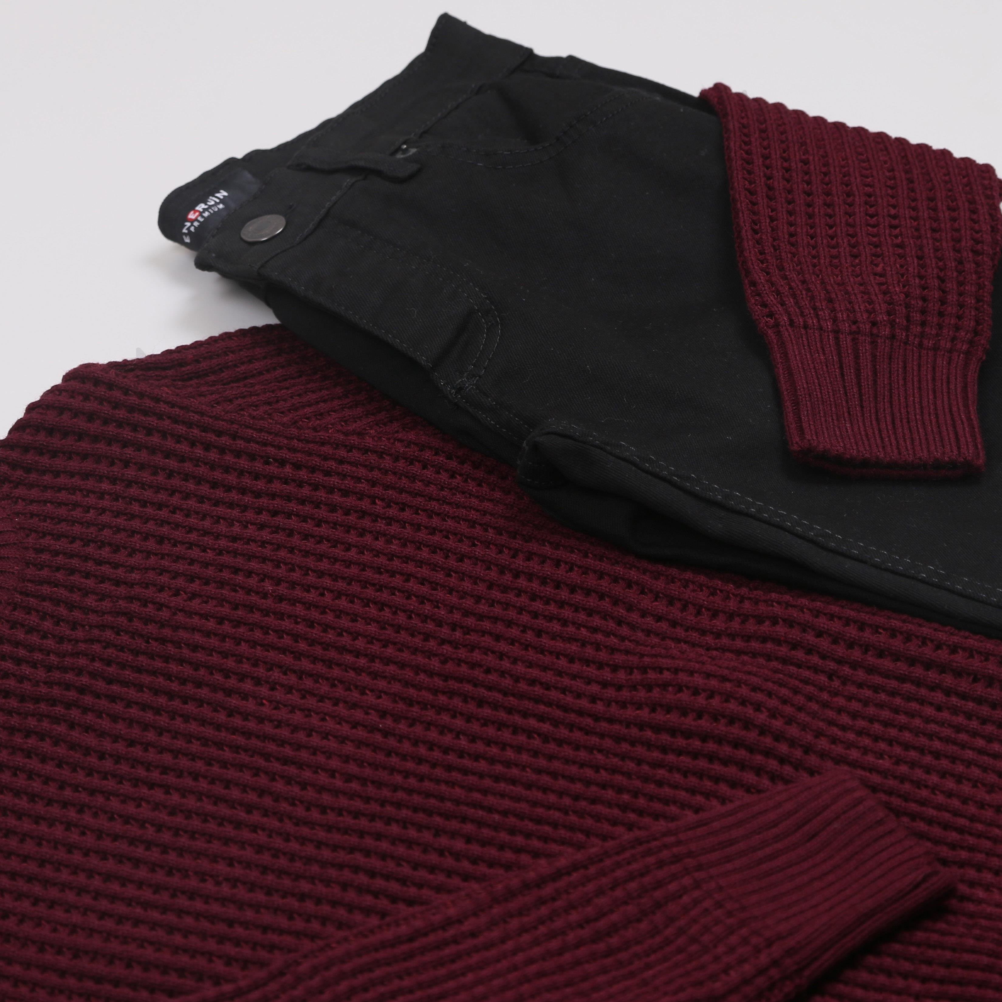 Bordo Boğazlı Kazak Kot Pantolon Ayakkabı Kombini