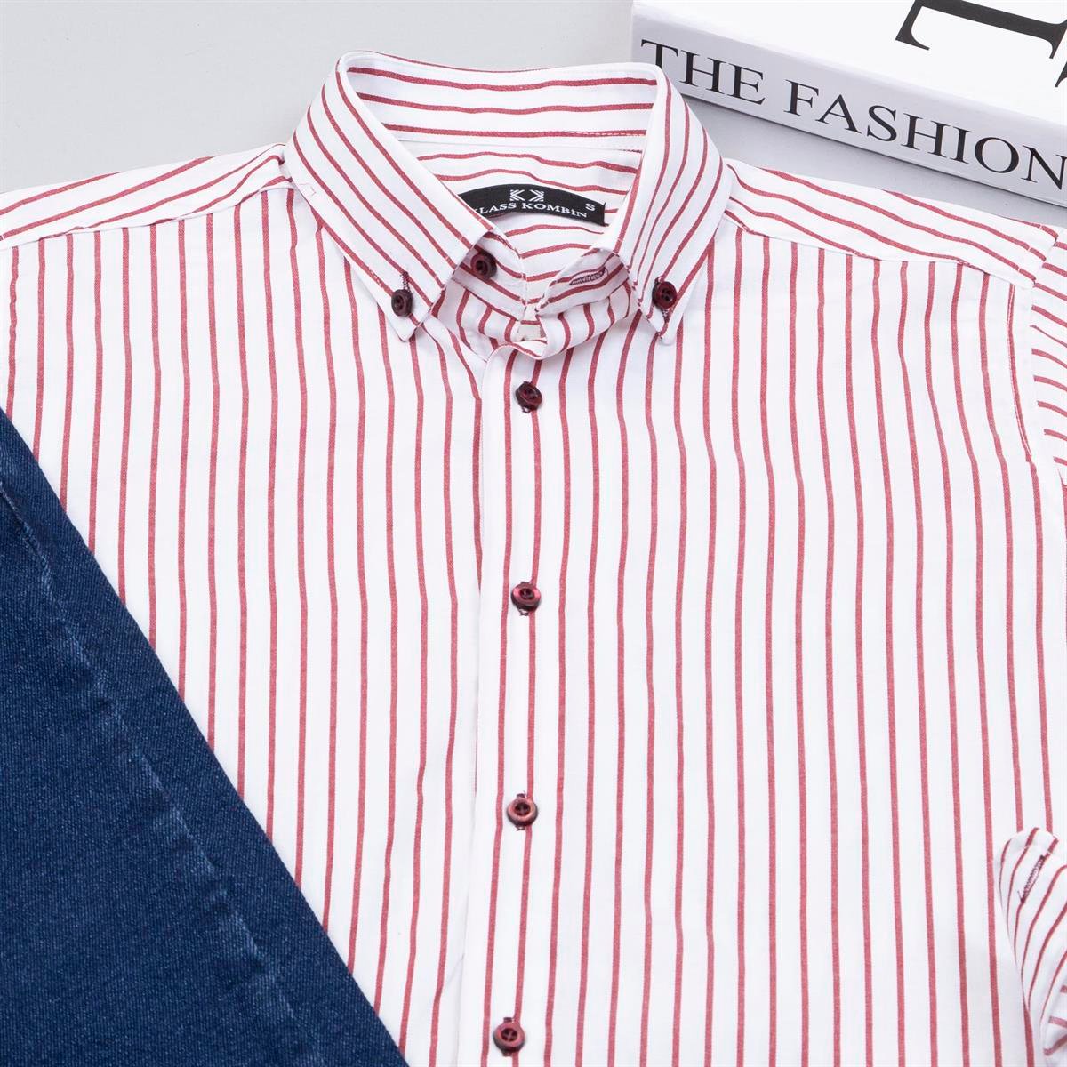 Bordo Çizgili Gömlek Pantolon Ayakkabı Kombin