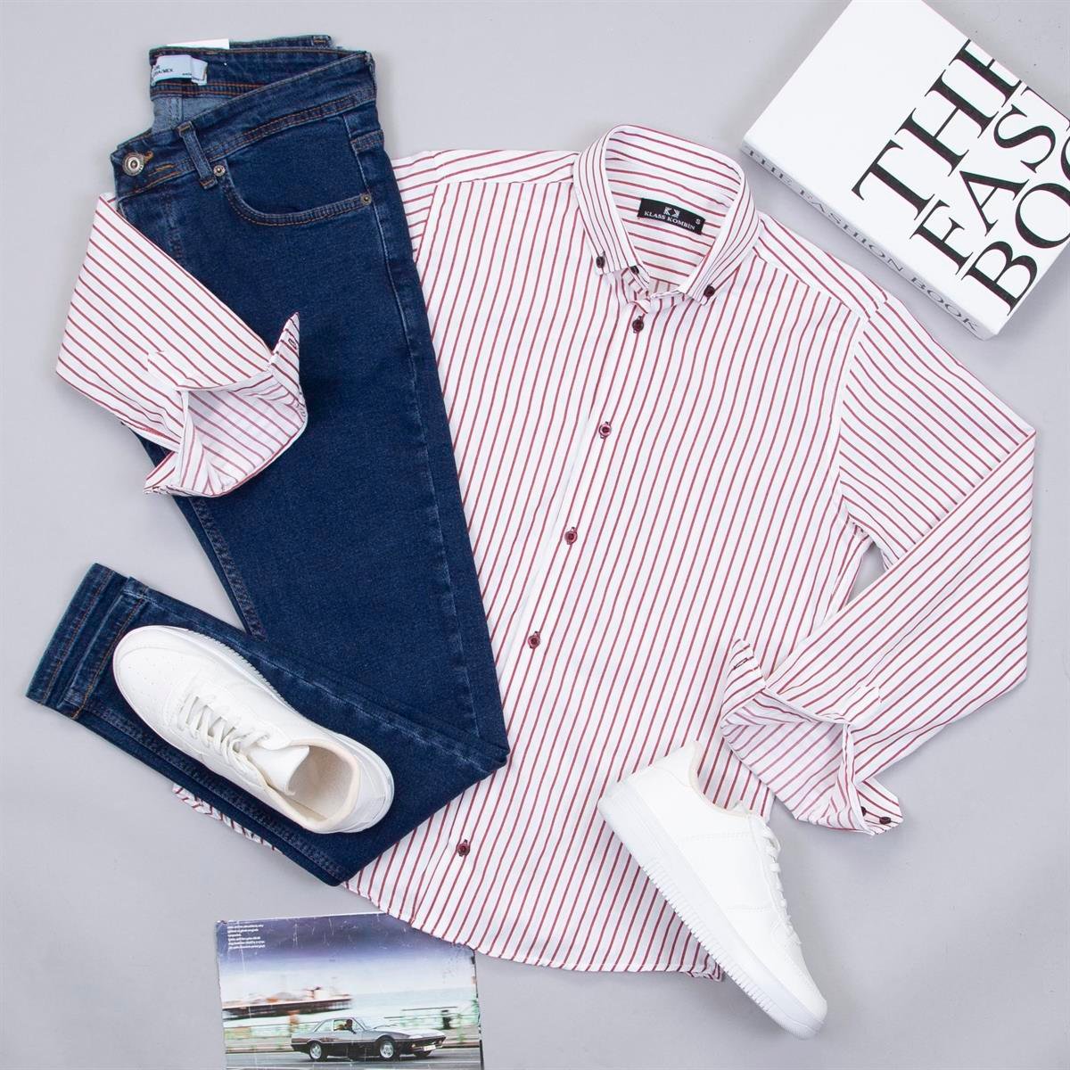 Bordo Çizgili Gömlek Pantolon Ayakkabı Kombin