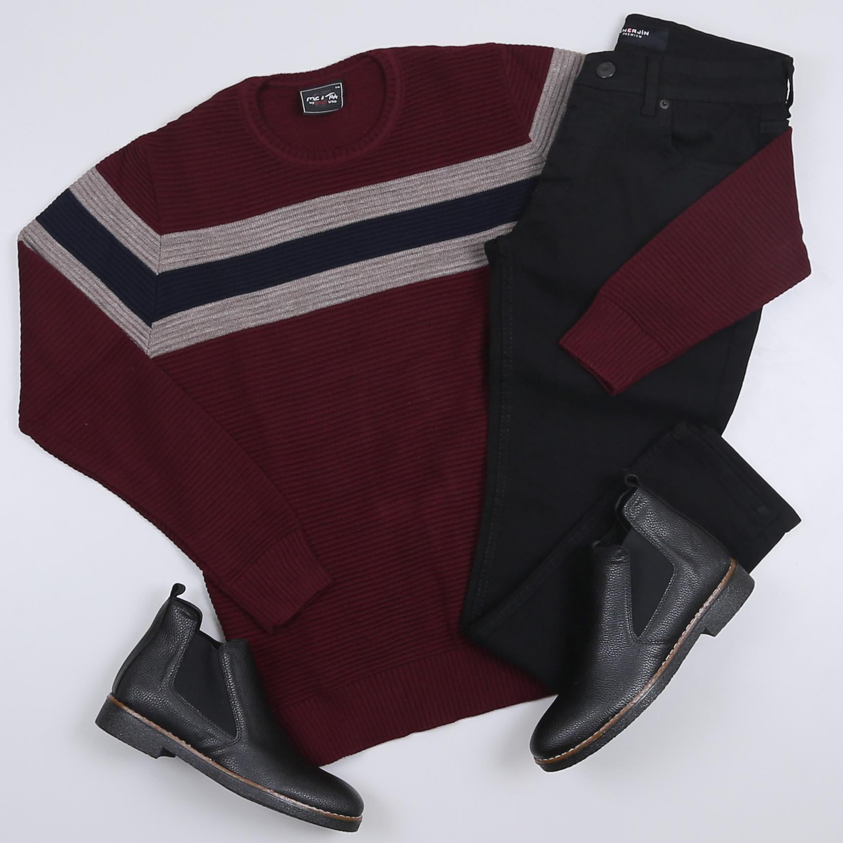 Bordo Çizgili Kazak Kot Pantolon Bot Kombini