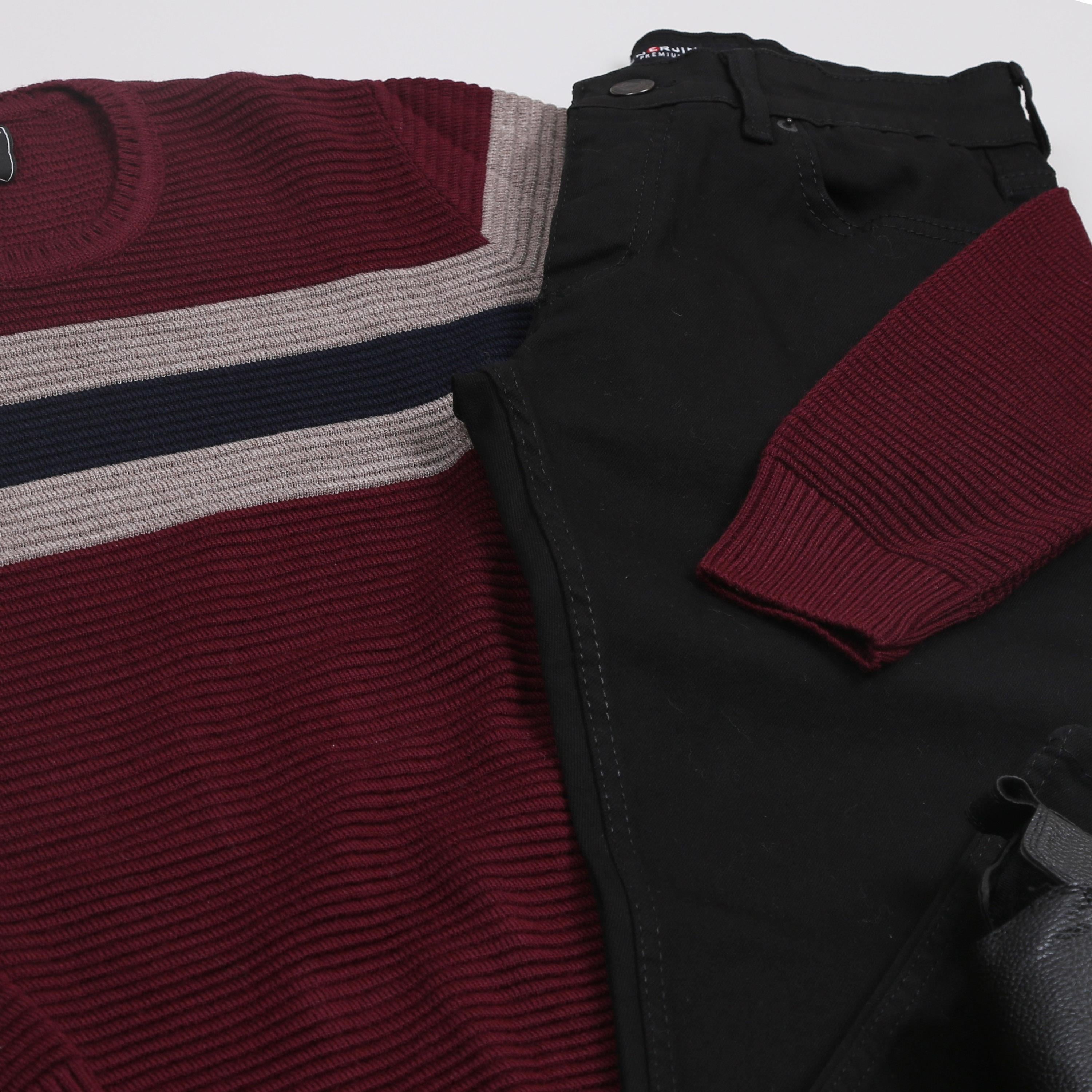 Bordo Çizgili Kazak Kot Pantolon Bot Kombini