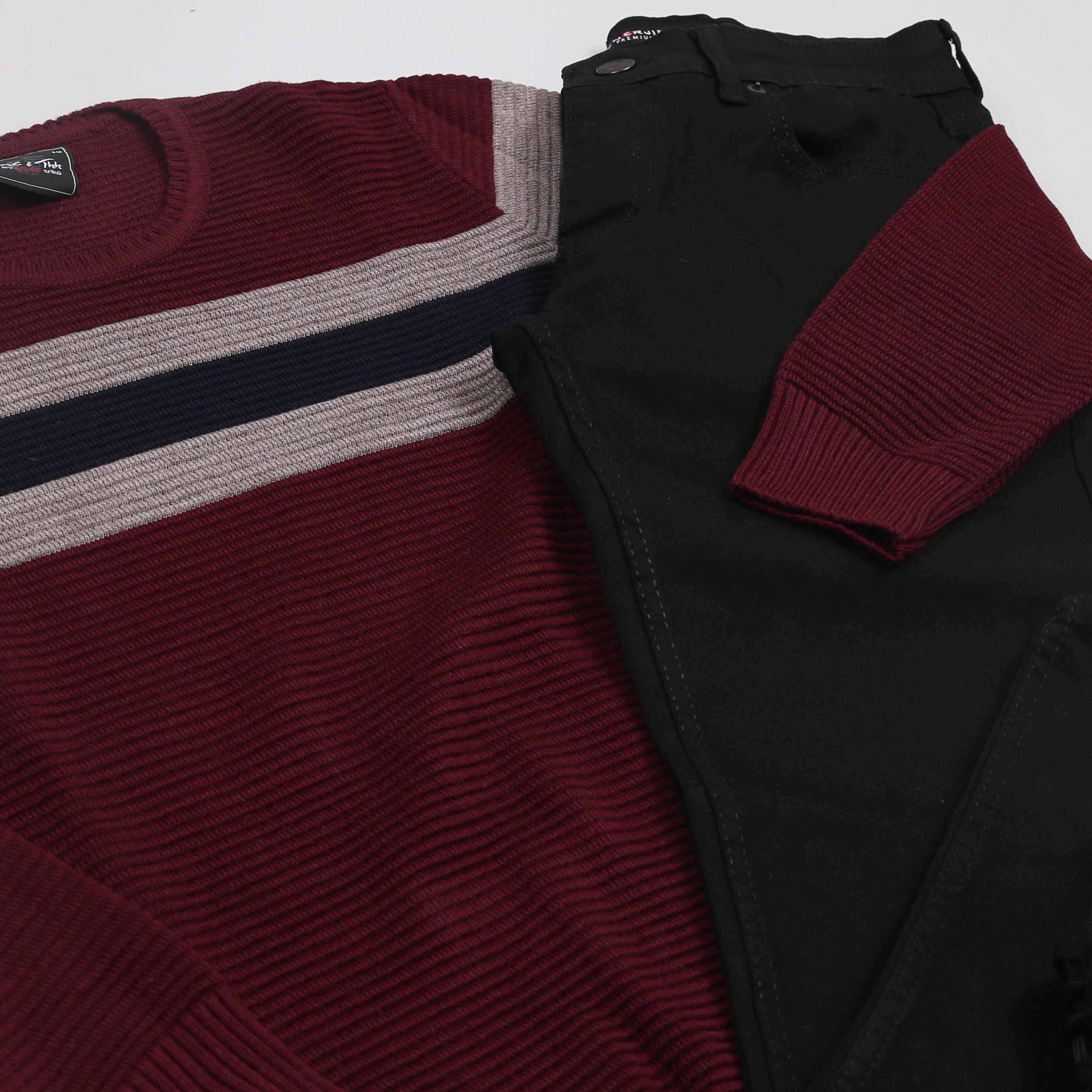 Bordo Çizgili Kazak Pantolon Ayakkabı Kombini