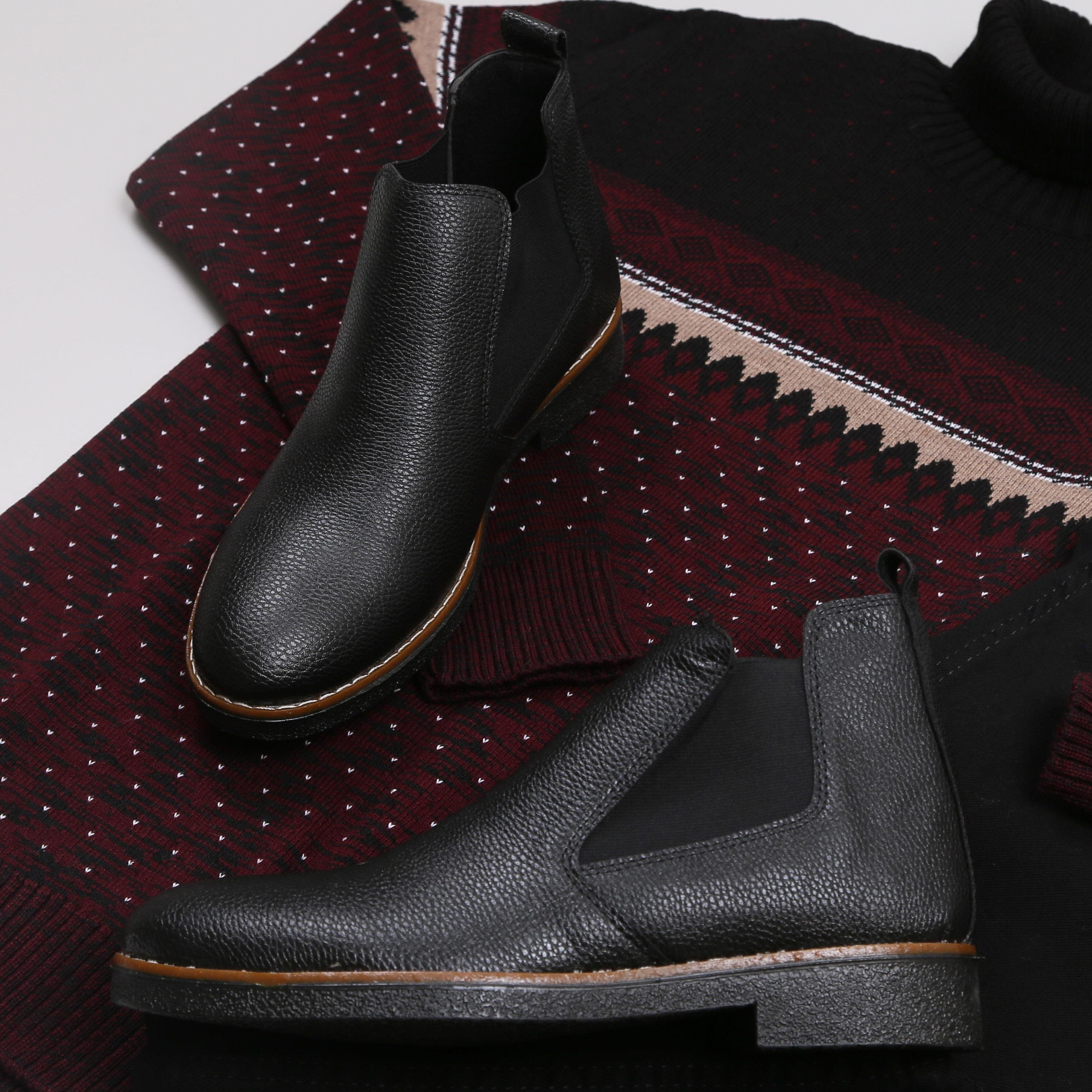 Bordo Desenli Kazak Kot Pantolon Bot Kombini