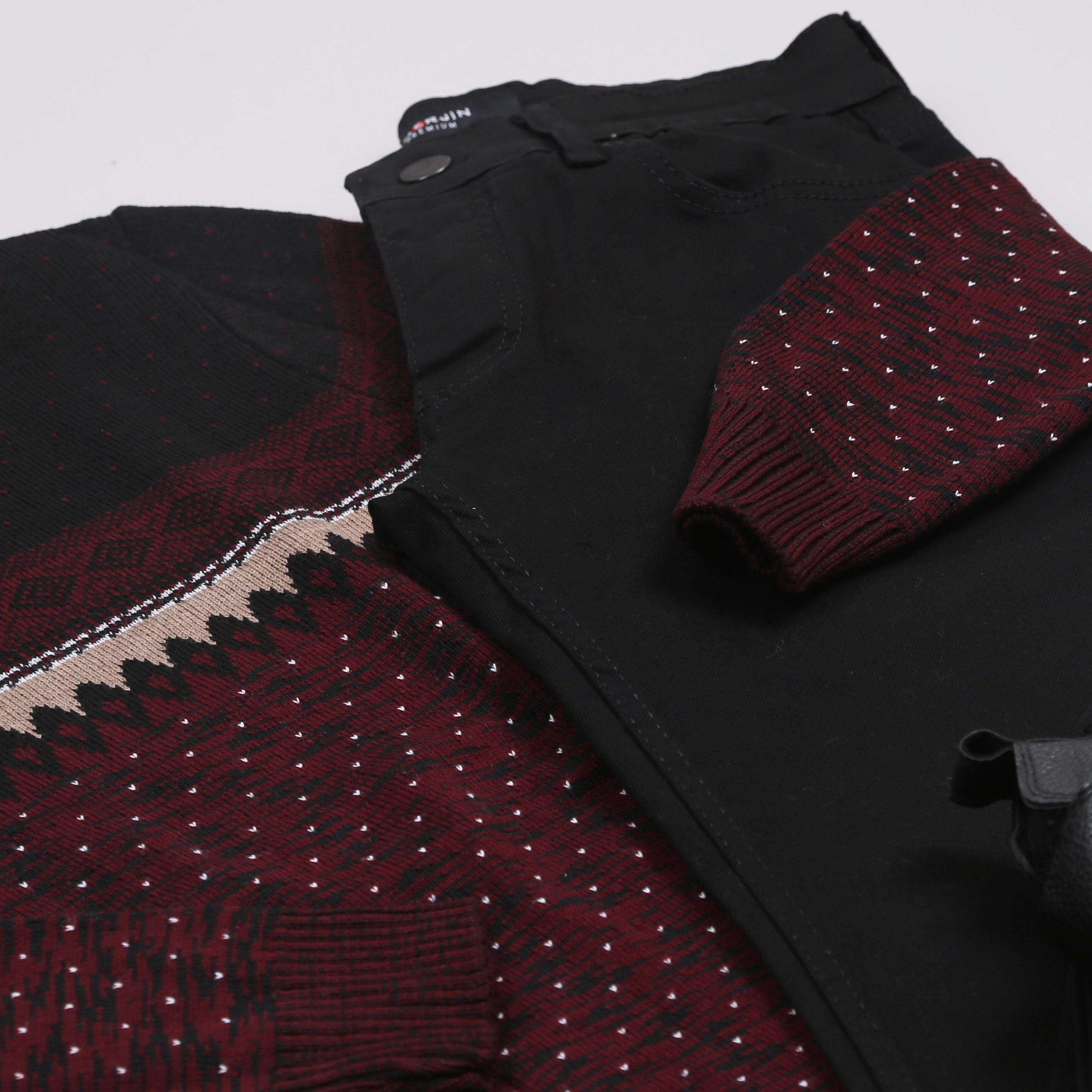 Bordo Desenli Kazak Kot Pantolon Bot Kombini