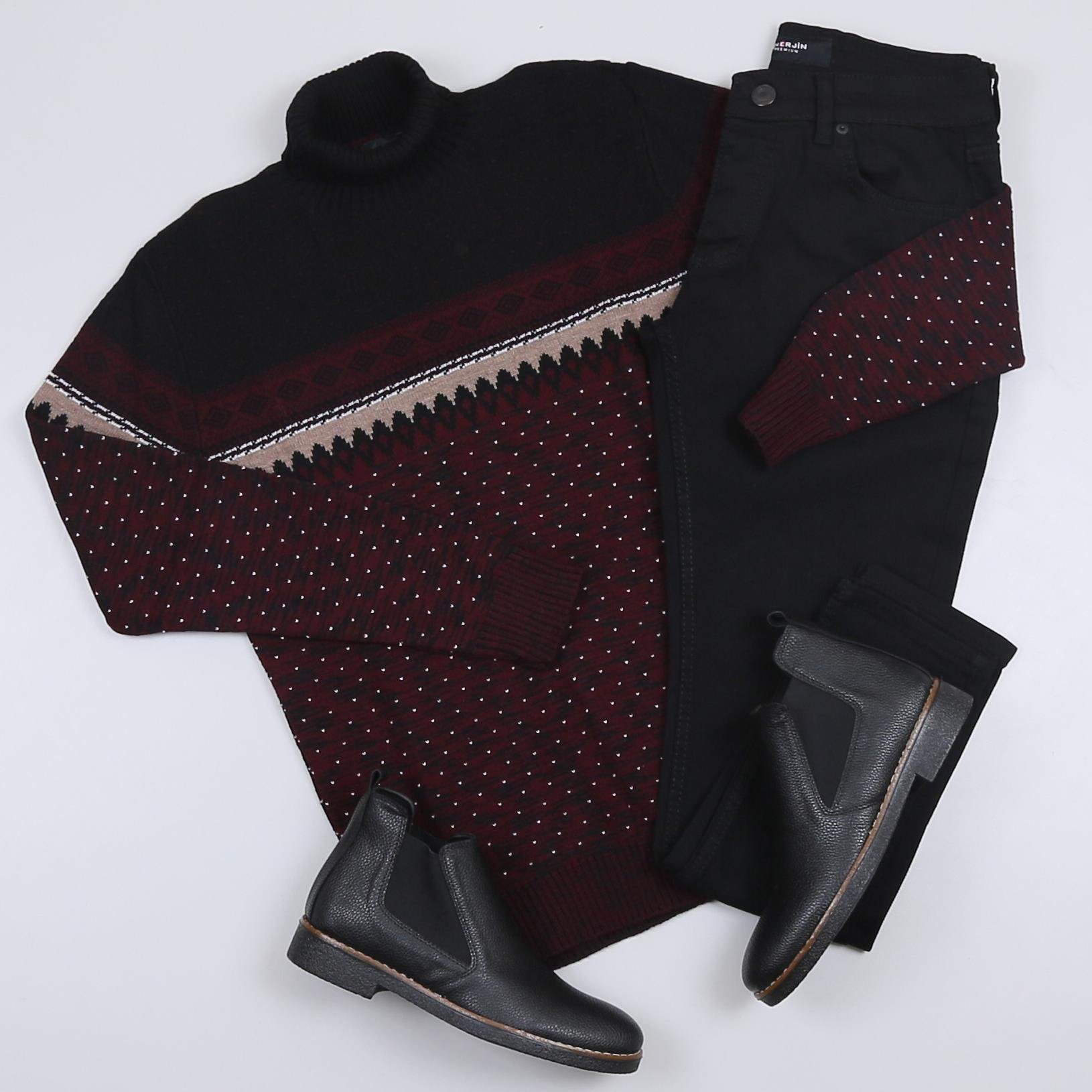 Bordo Desenli Kazak Kot Pantolon Bot Kombini