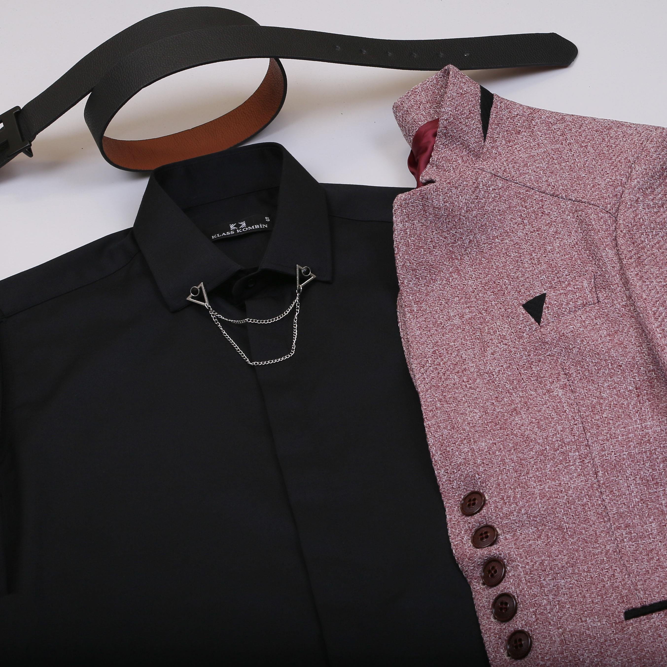 Bordo Dik Yaka Blazer Ceket Gömlek Pantolon Ayakkabı Kombin