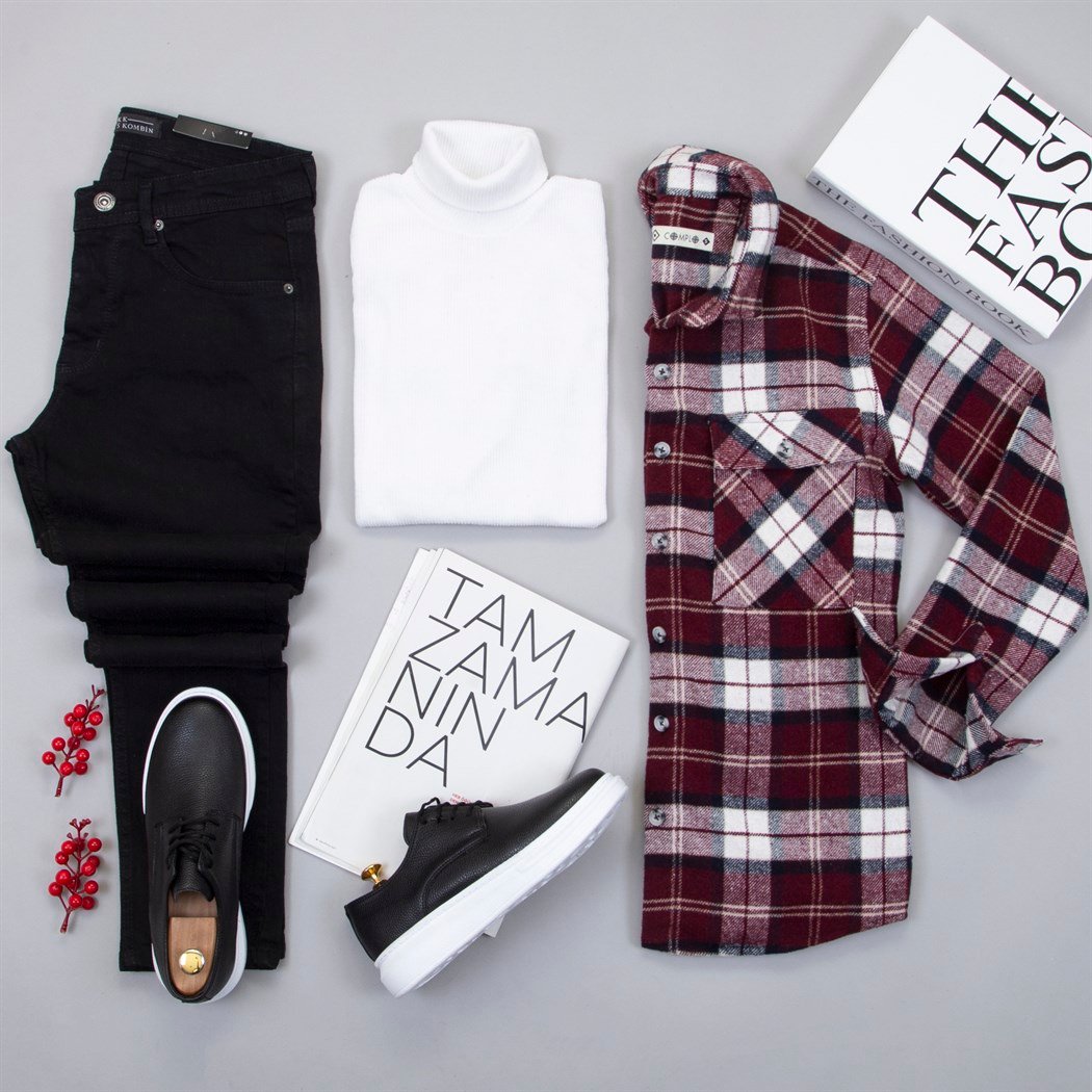 Bordo Ekose Oduncu Gömlek Boğazlı Kazak Pantolon Ayakkabı Kombin