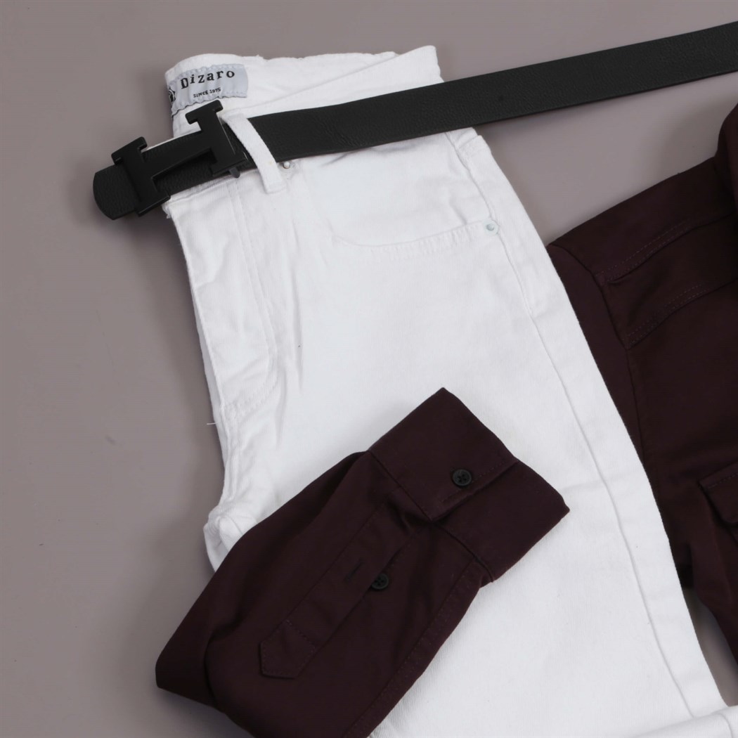 Bordo Gömlek Beyaz Pantolon Ayakkabı Kombini