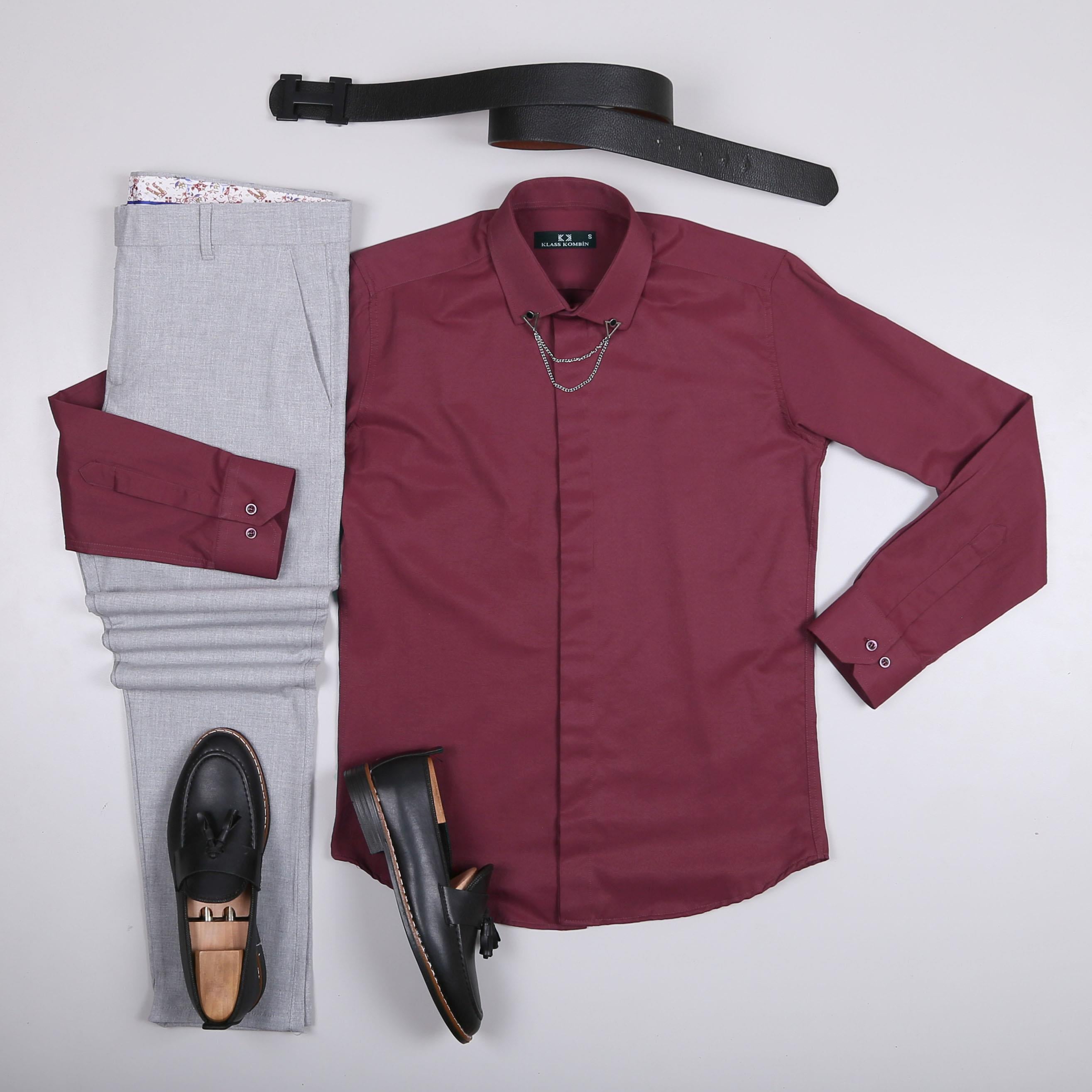 Bordo Gömlek Gri Pantolon Ayakkabı Kombin
