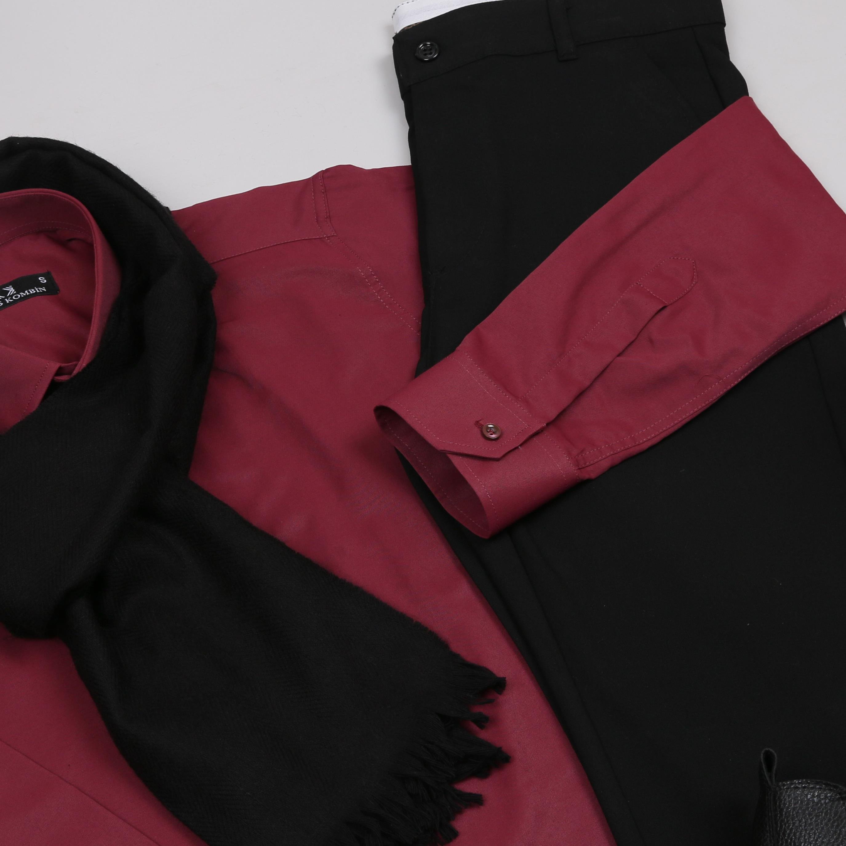 Bordo Gömlek Siyah Kumaş Pantolon Atkı Ayakkabı  Kombin