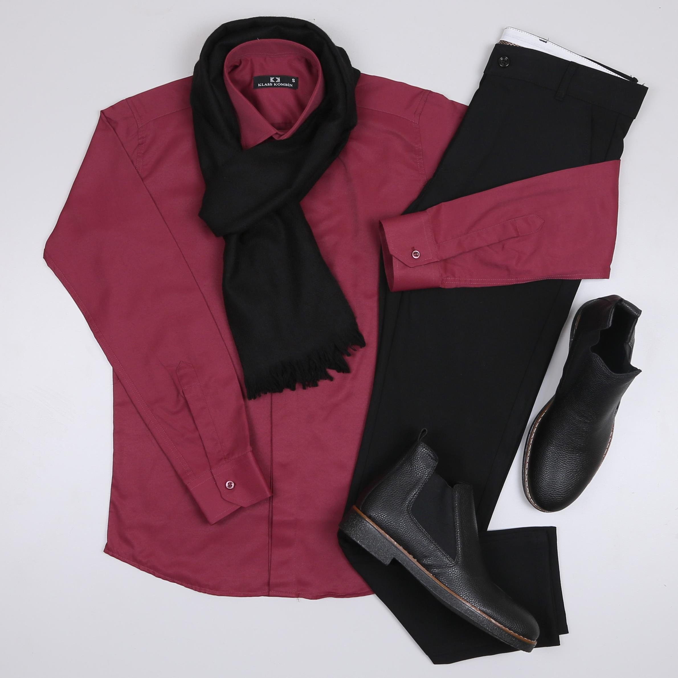 Bordo Gömlek Siyah Kumaş Pantolon Atkı Ayakkabı  Kombin