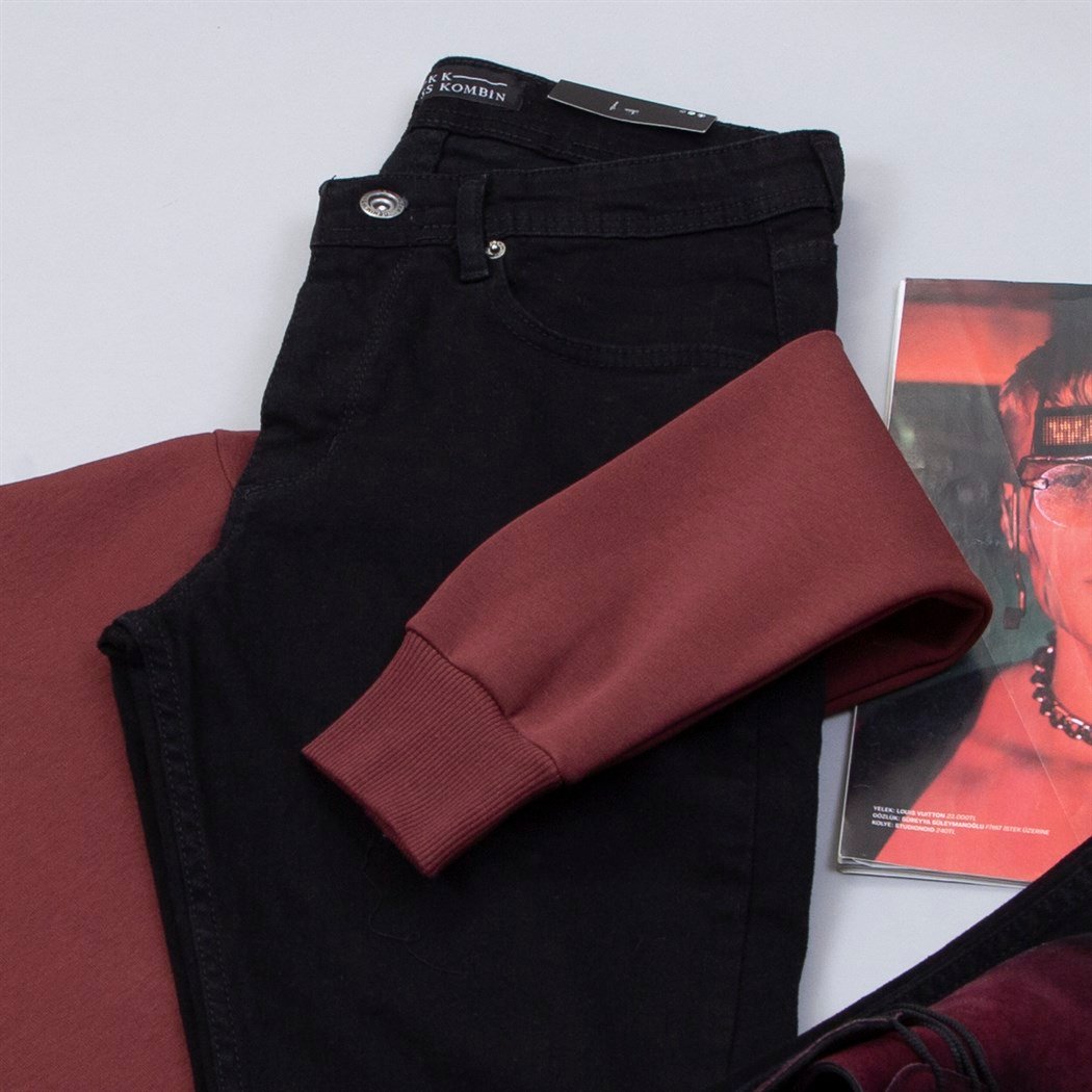 Bordo Kapşonlu Sweat Pantolon Ayakkabı Kombin