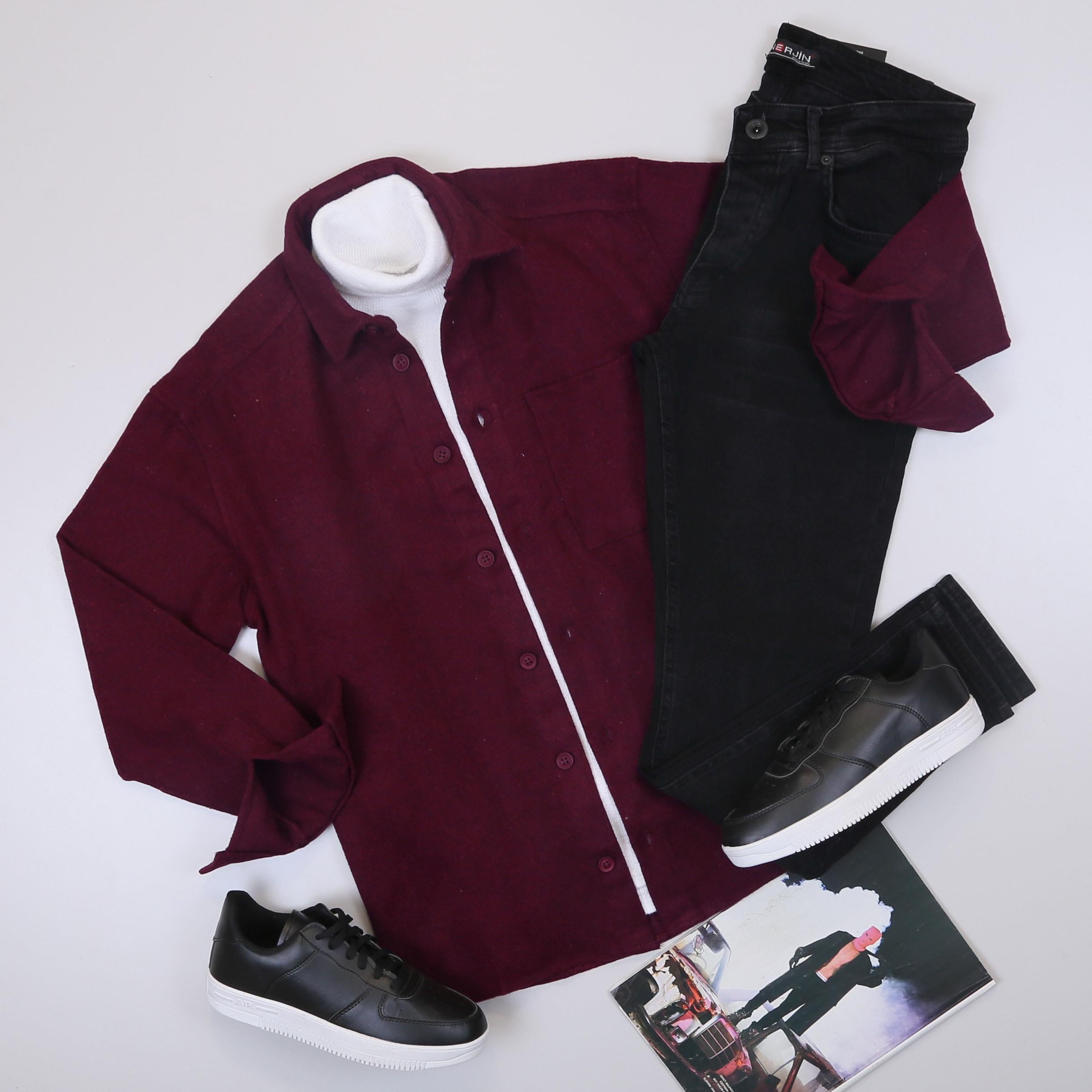 Bordo Kaşe Gömlek Boğazlı Body Pantolon Ayakkabı Kombin