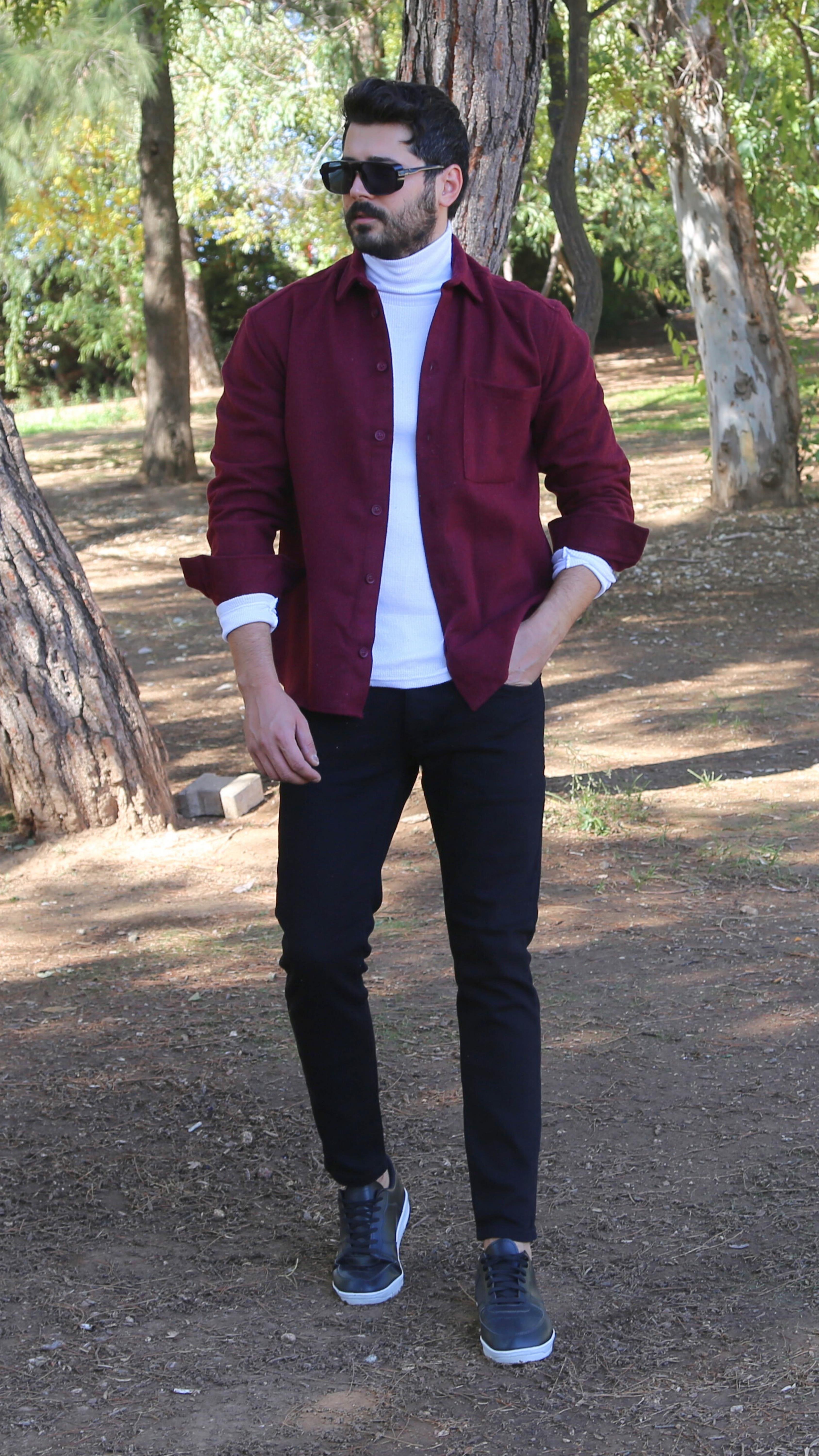 Bordo Kaşe Gömlek Boğazlı Body Pantolon Ayakkabı Kombin