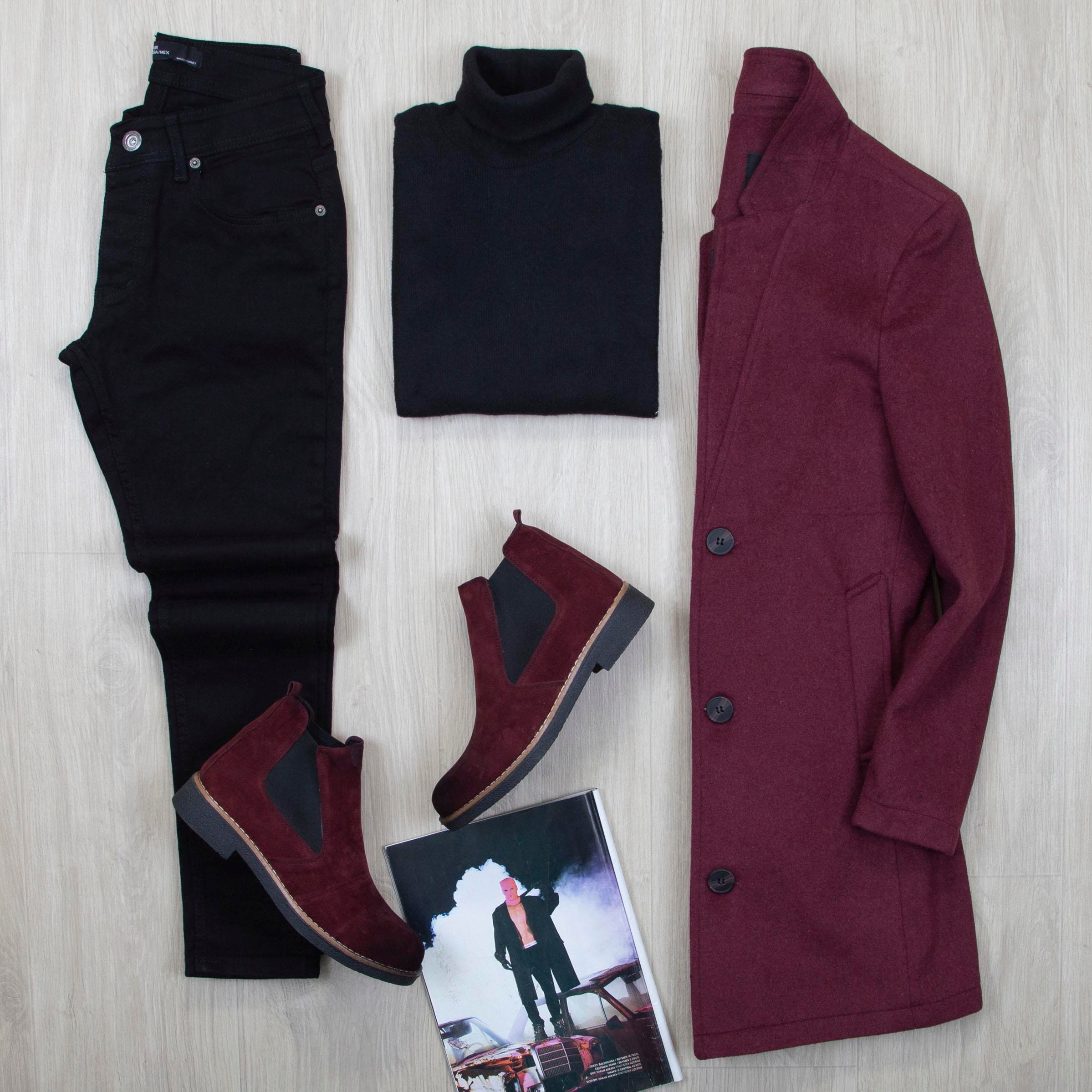 Bordo Kaşe Kaban Boğazlı Body Pantolon Bot Kombin