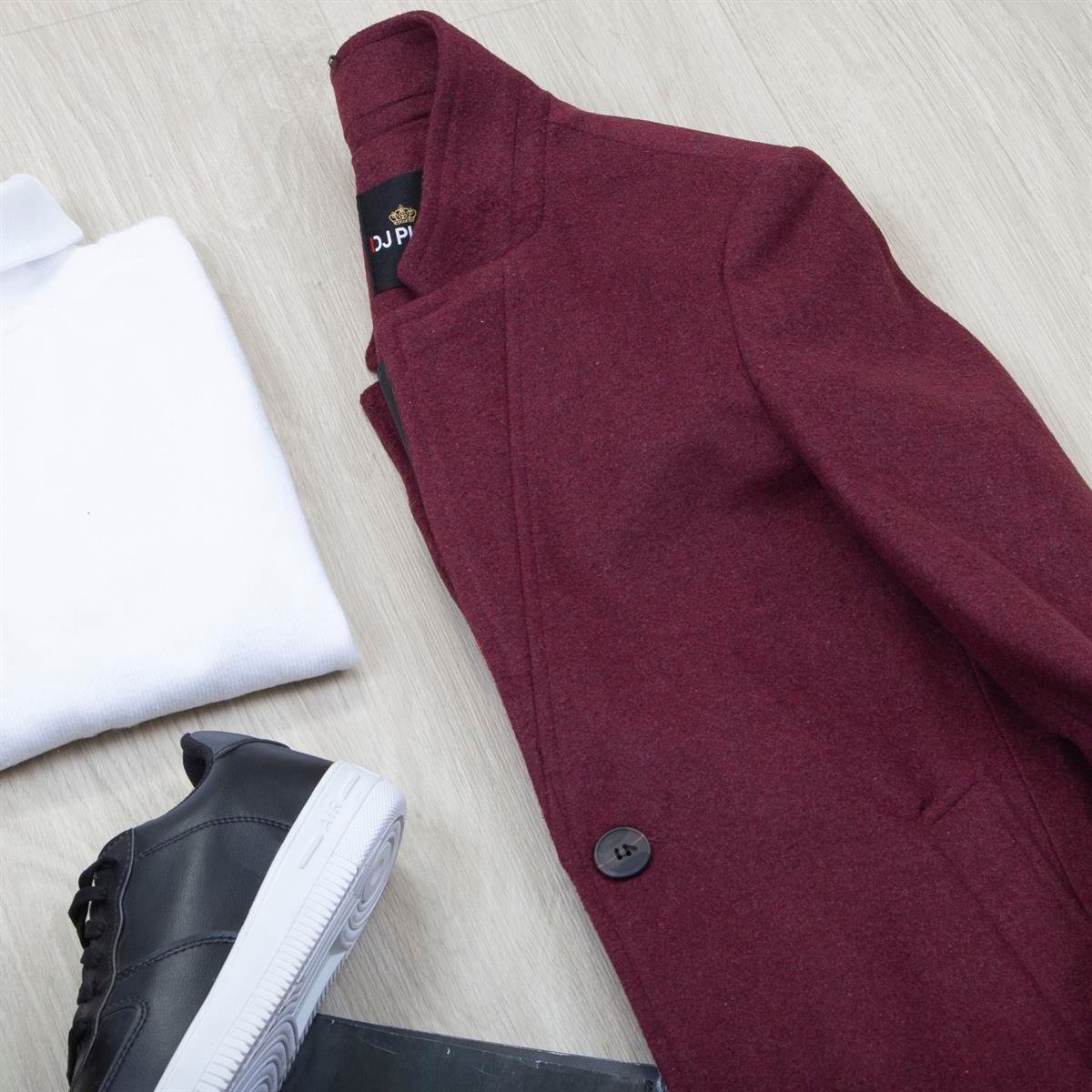 Bordo Kaşe Kaban Boğazlı Body Pantolon Ayakkabı Kombin