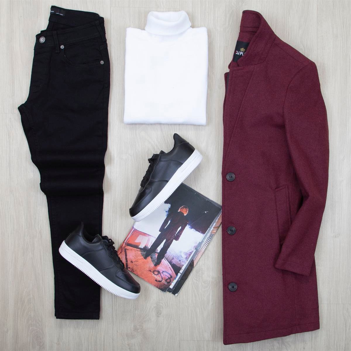 Bordo Kaşe Kaban Boğazlı Body Pantolon Ayakkabı Kombin