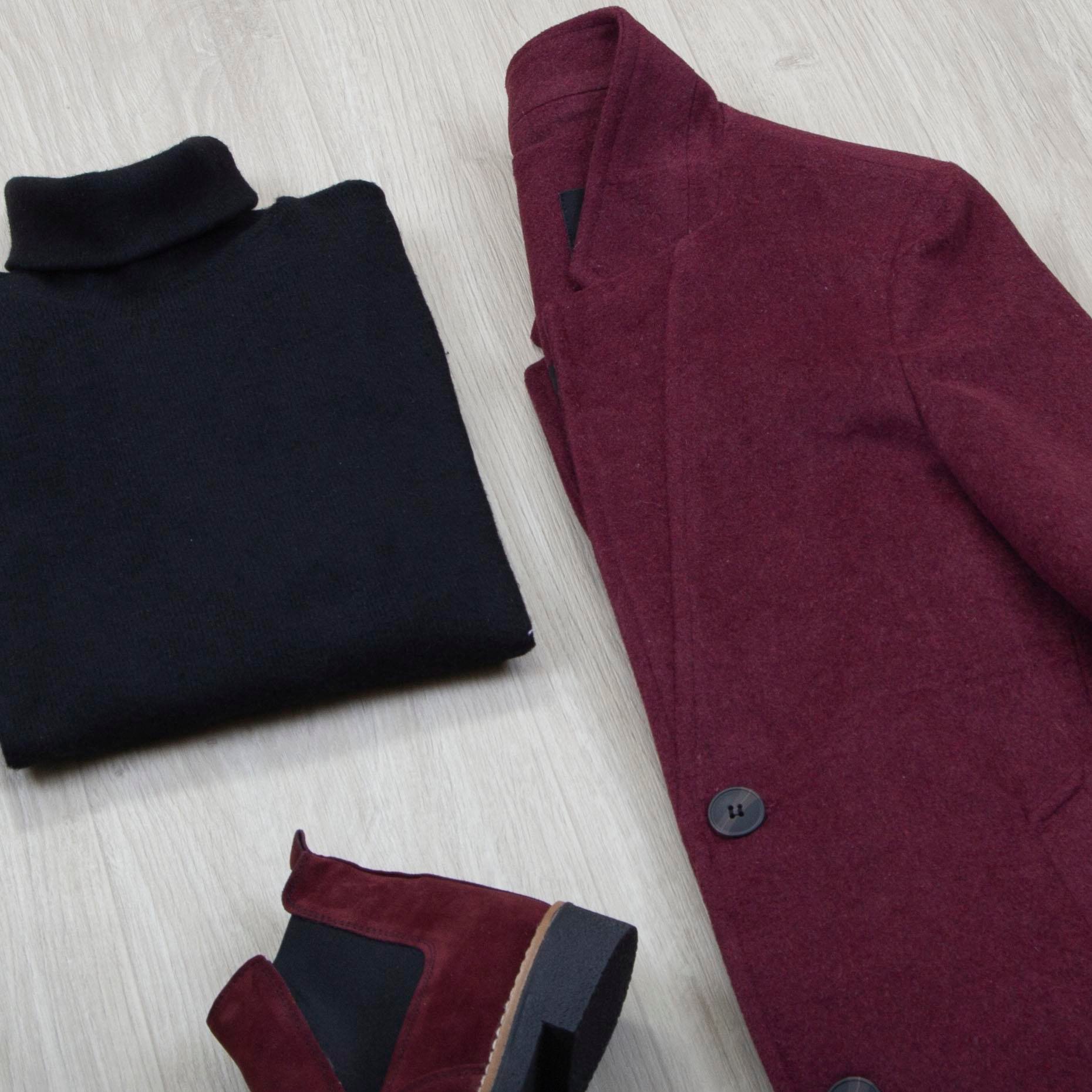 Bordo Kaşe Kaban Boğazlı Body Pantolon Bot Kombin