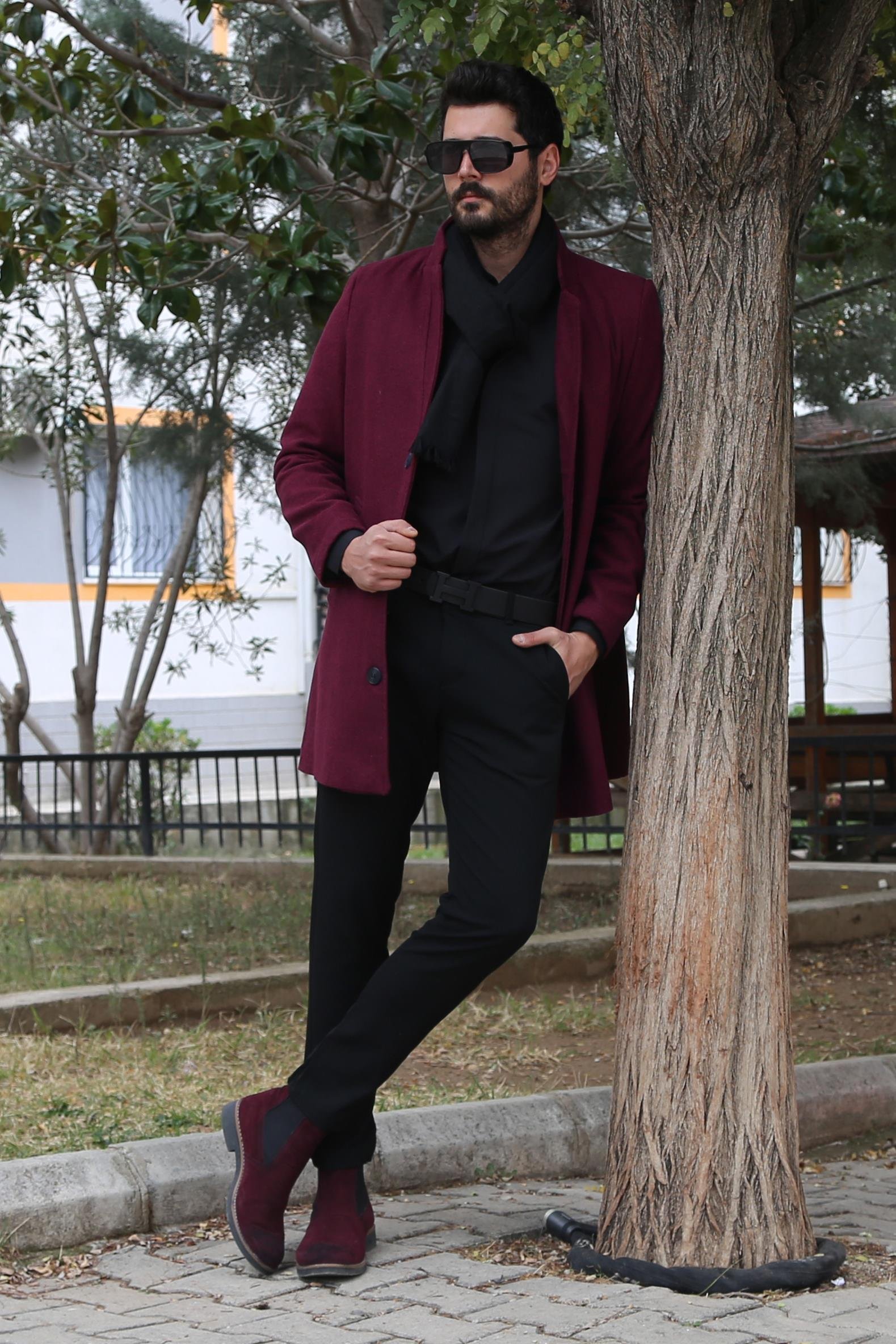 Bordo Kaşe Kaban Gömlek Pantolon Bot Kombin