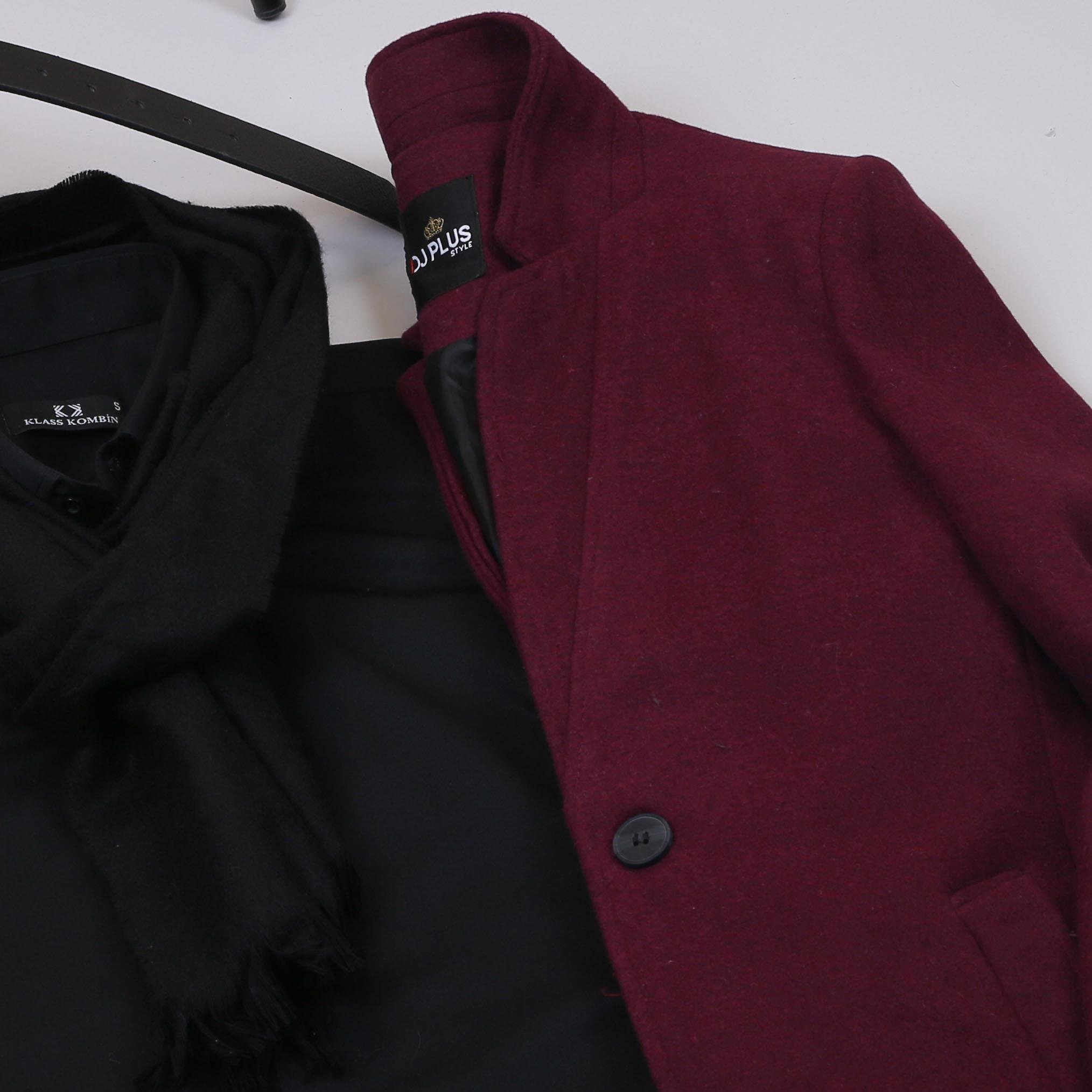 Bordo Kaşe Kaban Gömlek Pantolon Bot Kombin