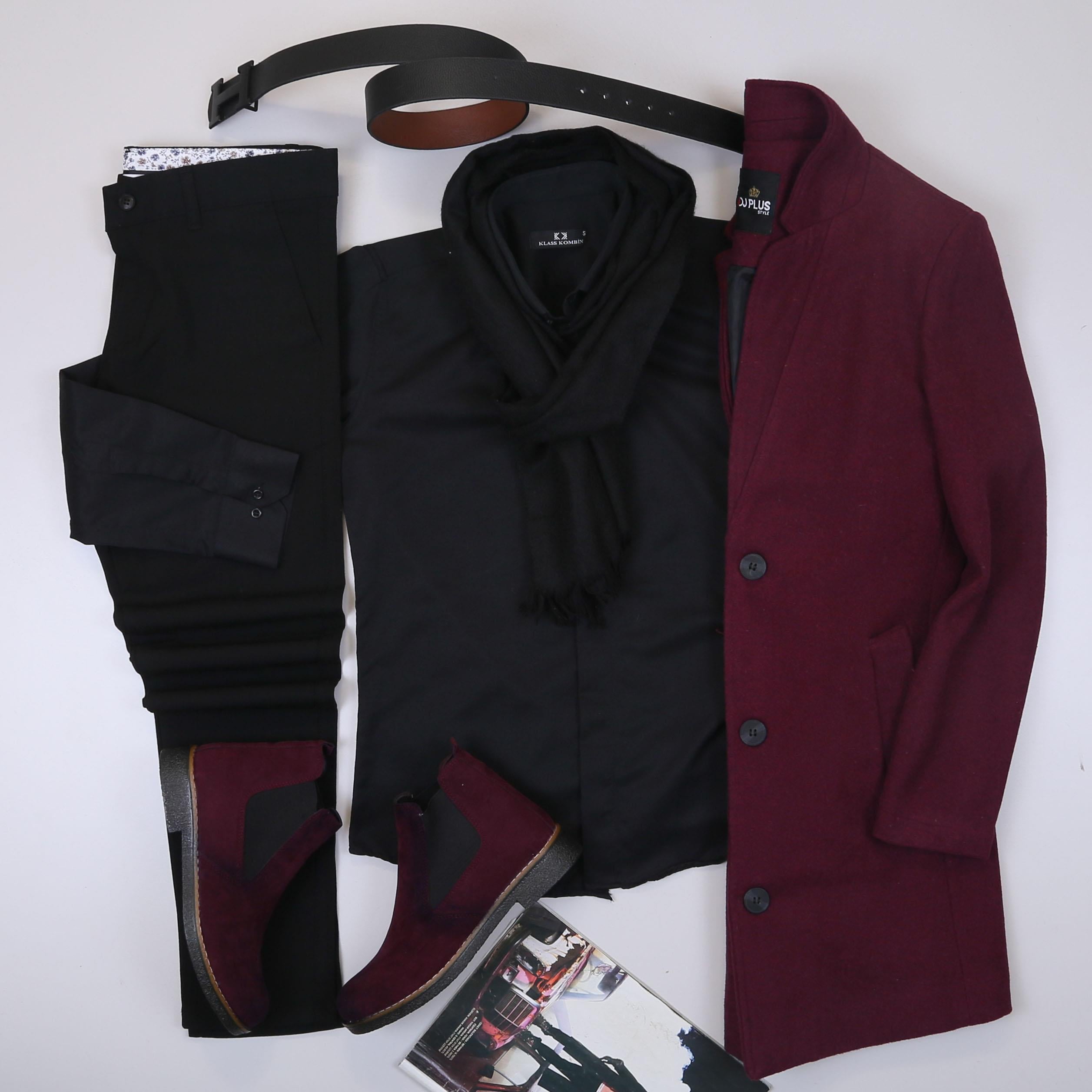 Bordo Kaşe Kaban Gömlek Pantolon Bot Kombin