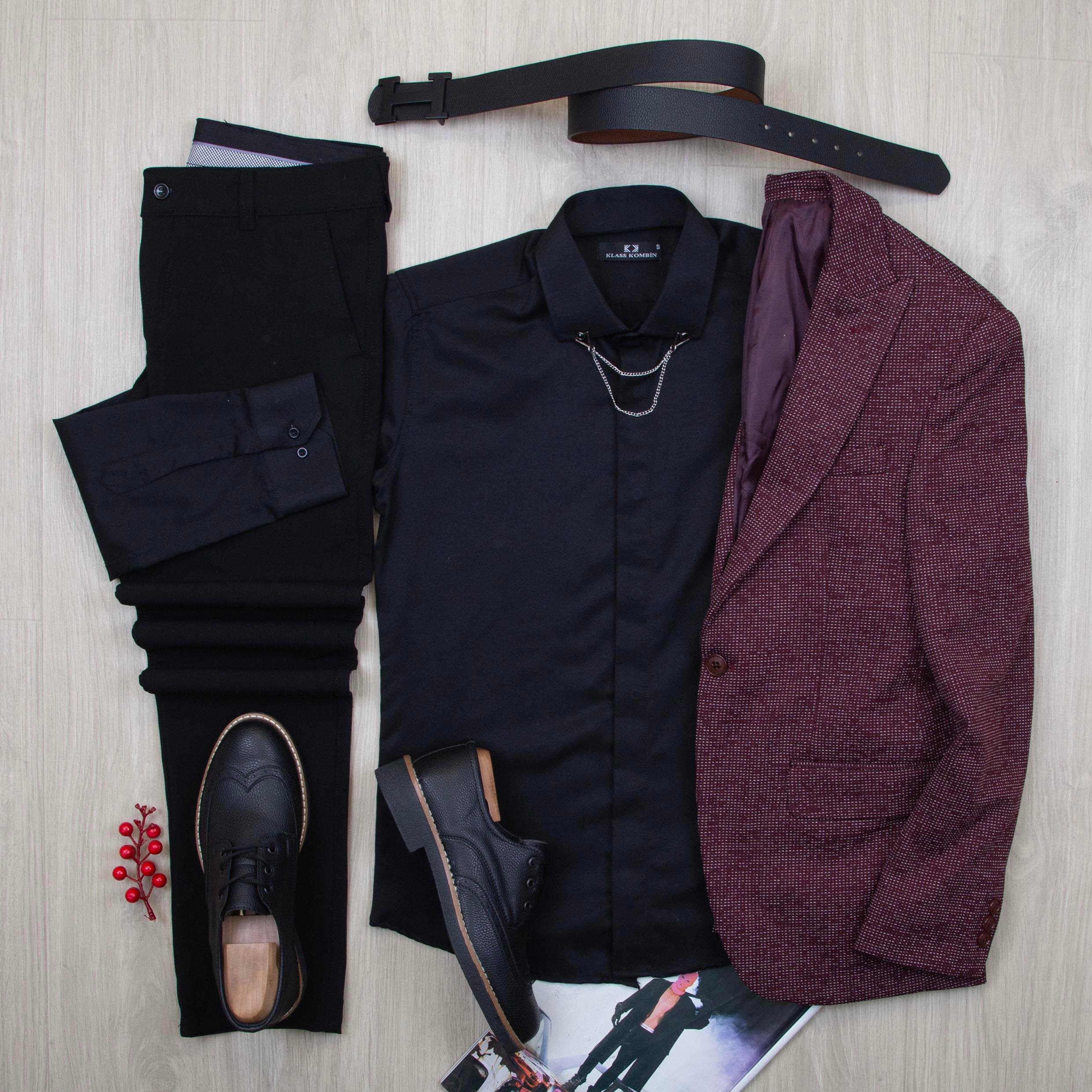 Bordo Kırçıllı Blazer Ceket Gömlek Pantolon Ayakkabı Kombin